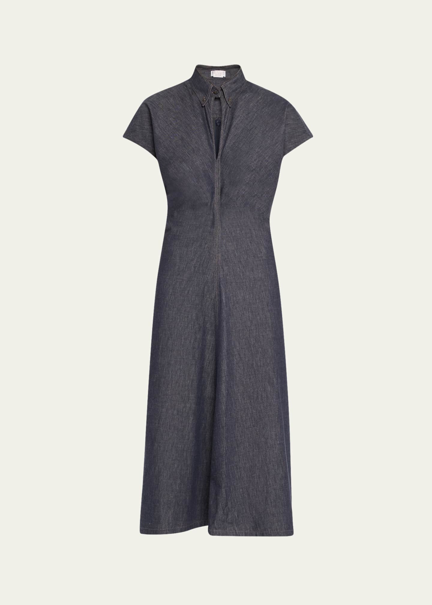 Brunello Cucinelli Monili Collar No Fade Midi Denim Dress Image 1 of 5