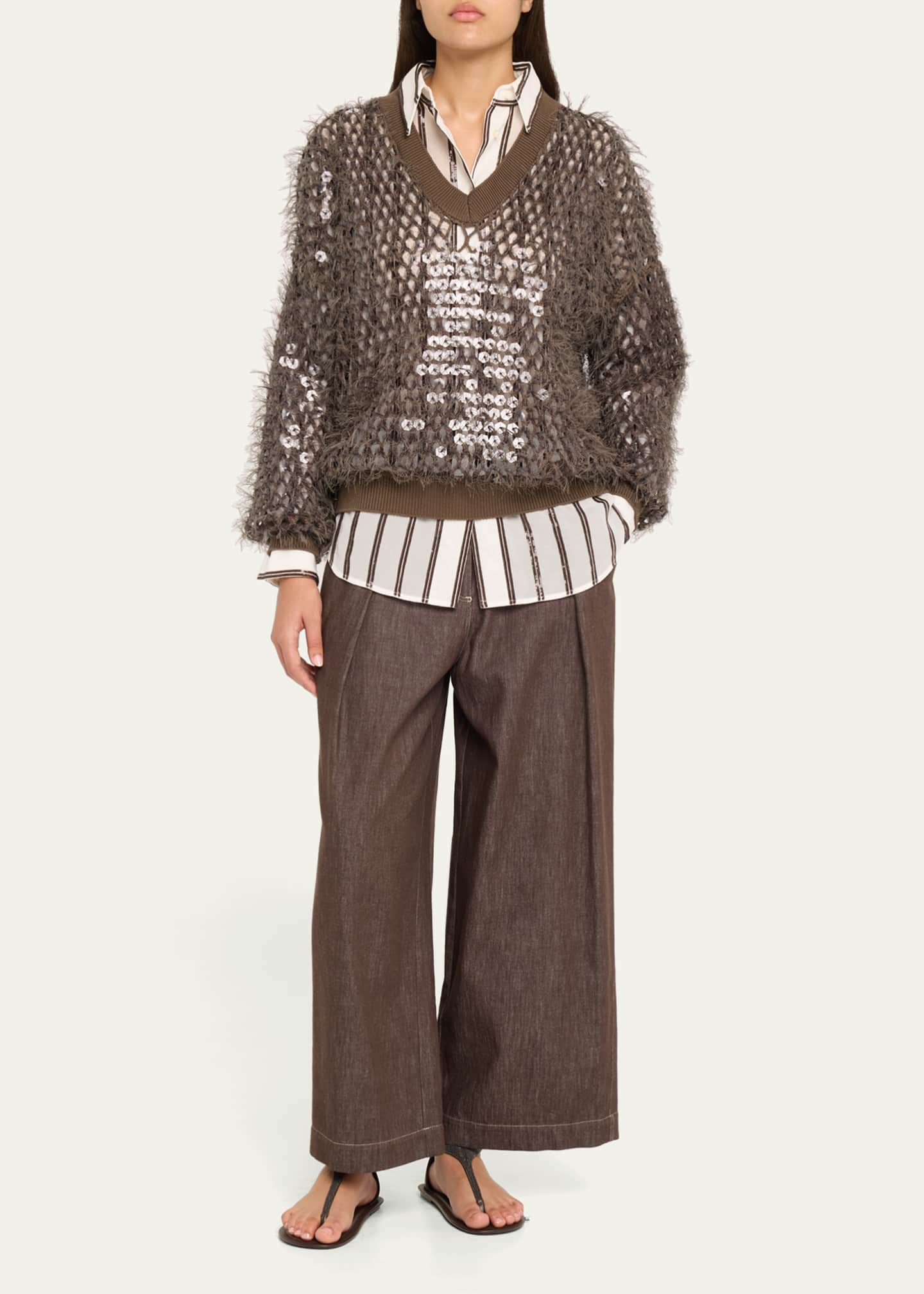 Brunello Cucinelli A-Line Pleated Wide Leg Cropped Denim Pants Image 2 of 5