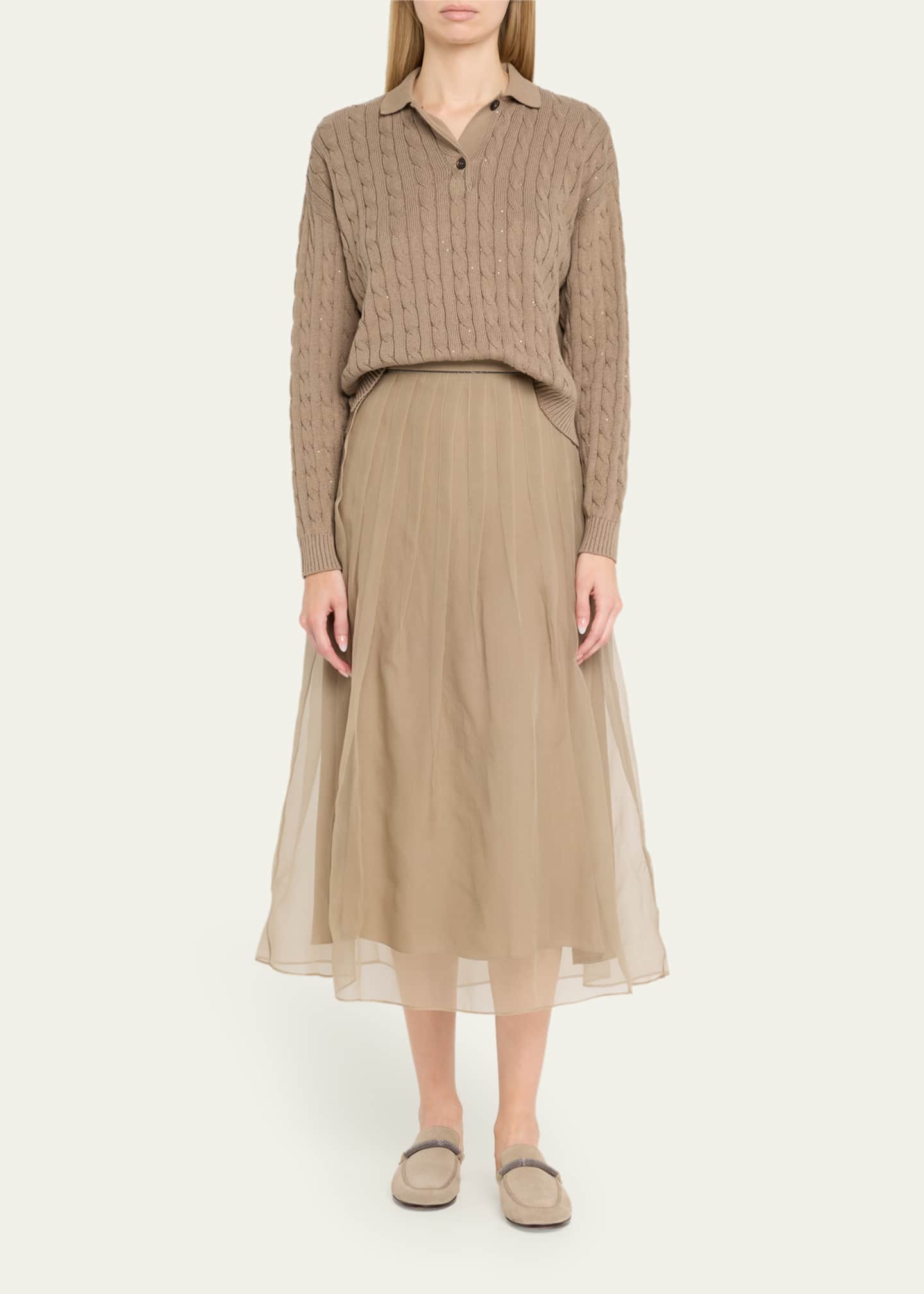 Brunello Cucinelli Pleated Crispy Silk Organza Midi Skirt with Monili Trim Image 2 of 5