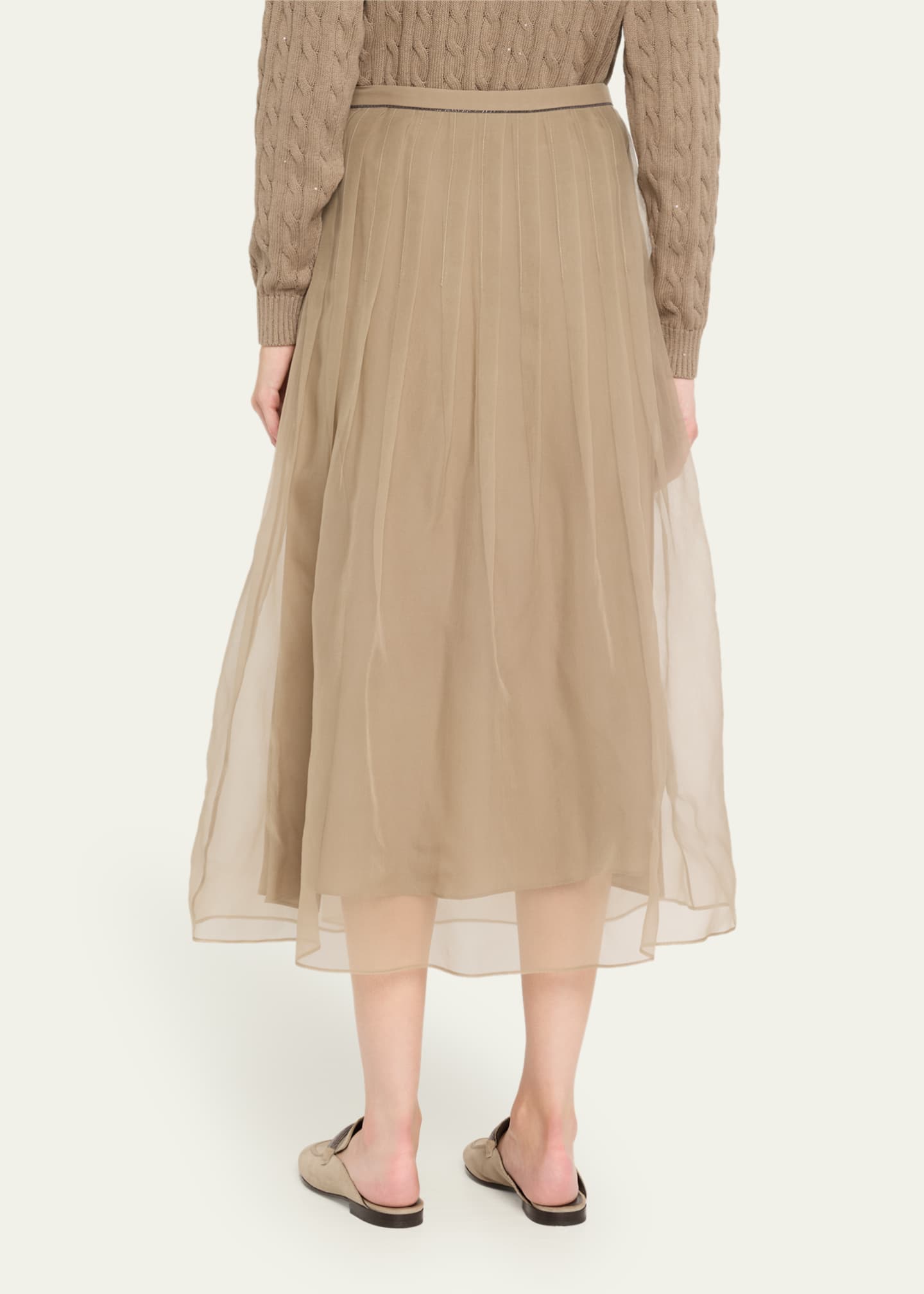 Brunello Cucinelli Pleated Crispy Silk Organza Midi Skirt with Monili Trim Image 3 of 5