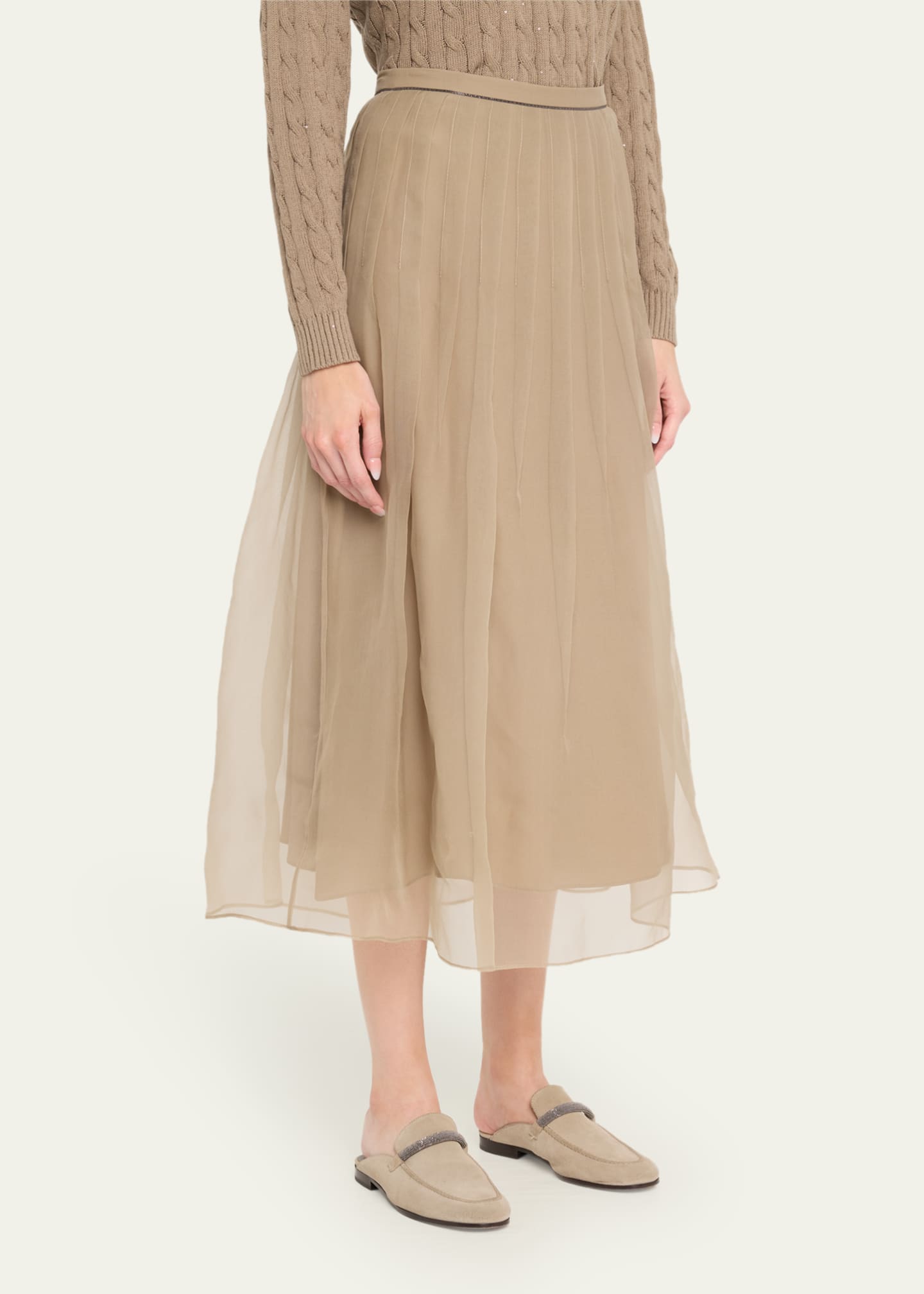 Brunello Cucinelli Pleated Crispy Silk Organza Midi Skirt with Monili Trim Image 4 of 5