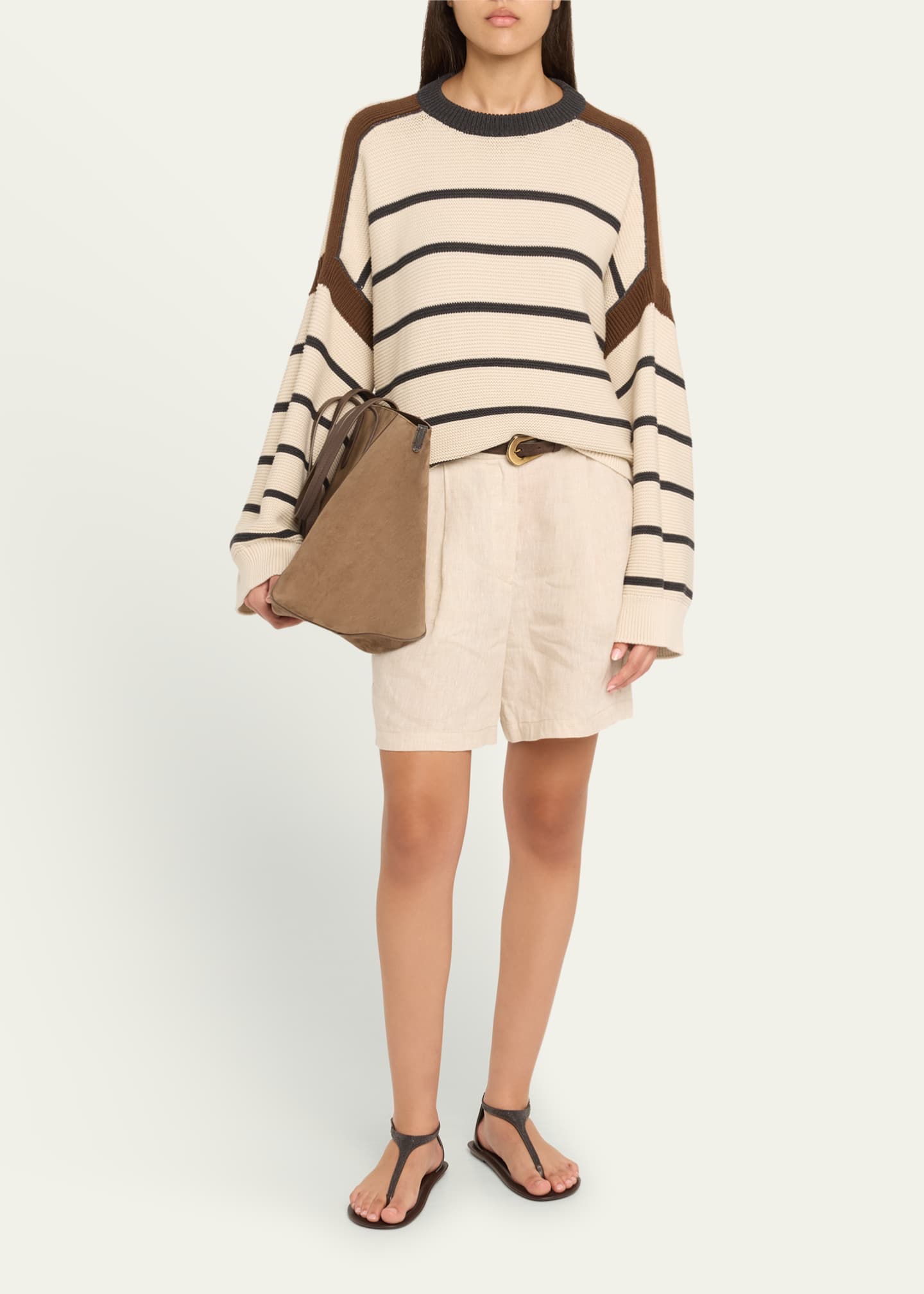 Brunello Cucinelli Striped Cotton Knit Oversized Sweater Image 2 of 5