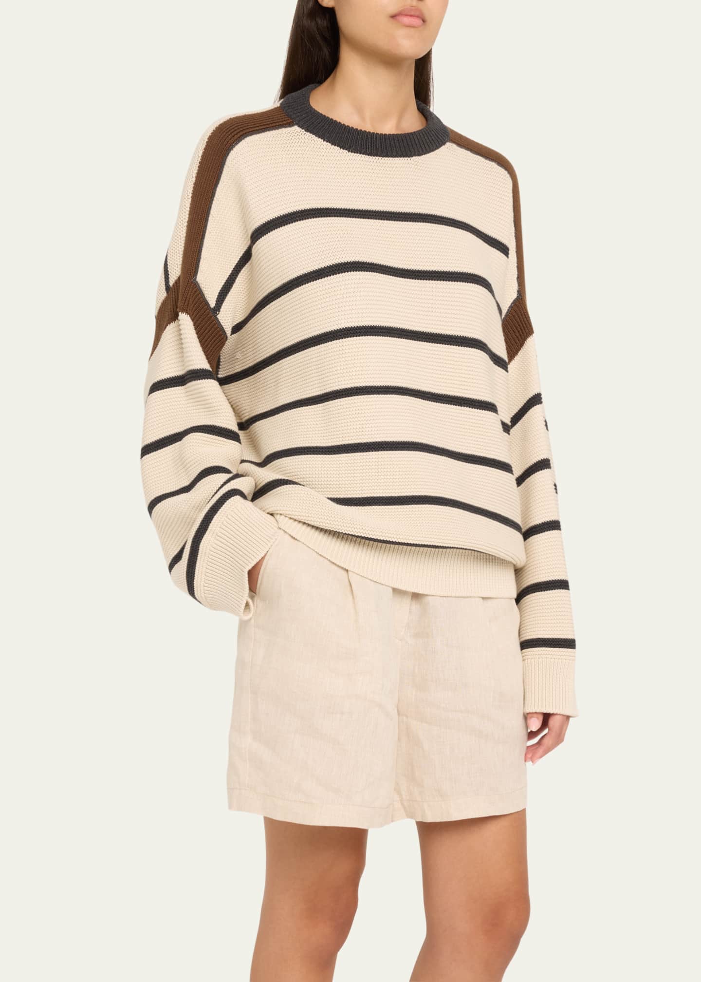 Brunello Cucinelli Striped Cotton Knit Oversized Sweater Image 4 of 5
