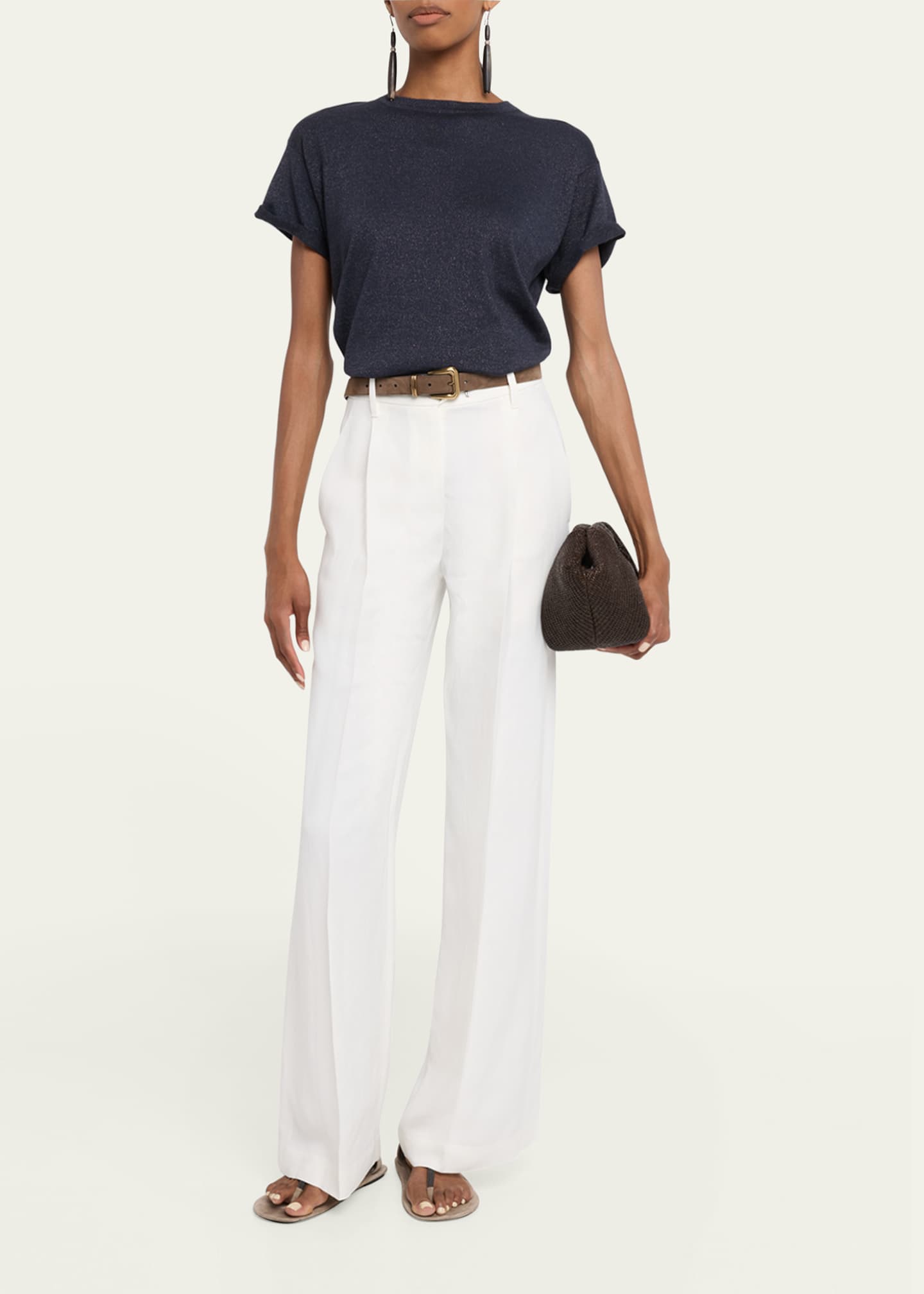 Brunello Cucinelli Metallic Short-Sleeve Cashmere Silk T-Shirt Image 2 of 5