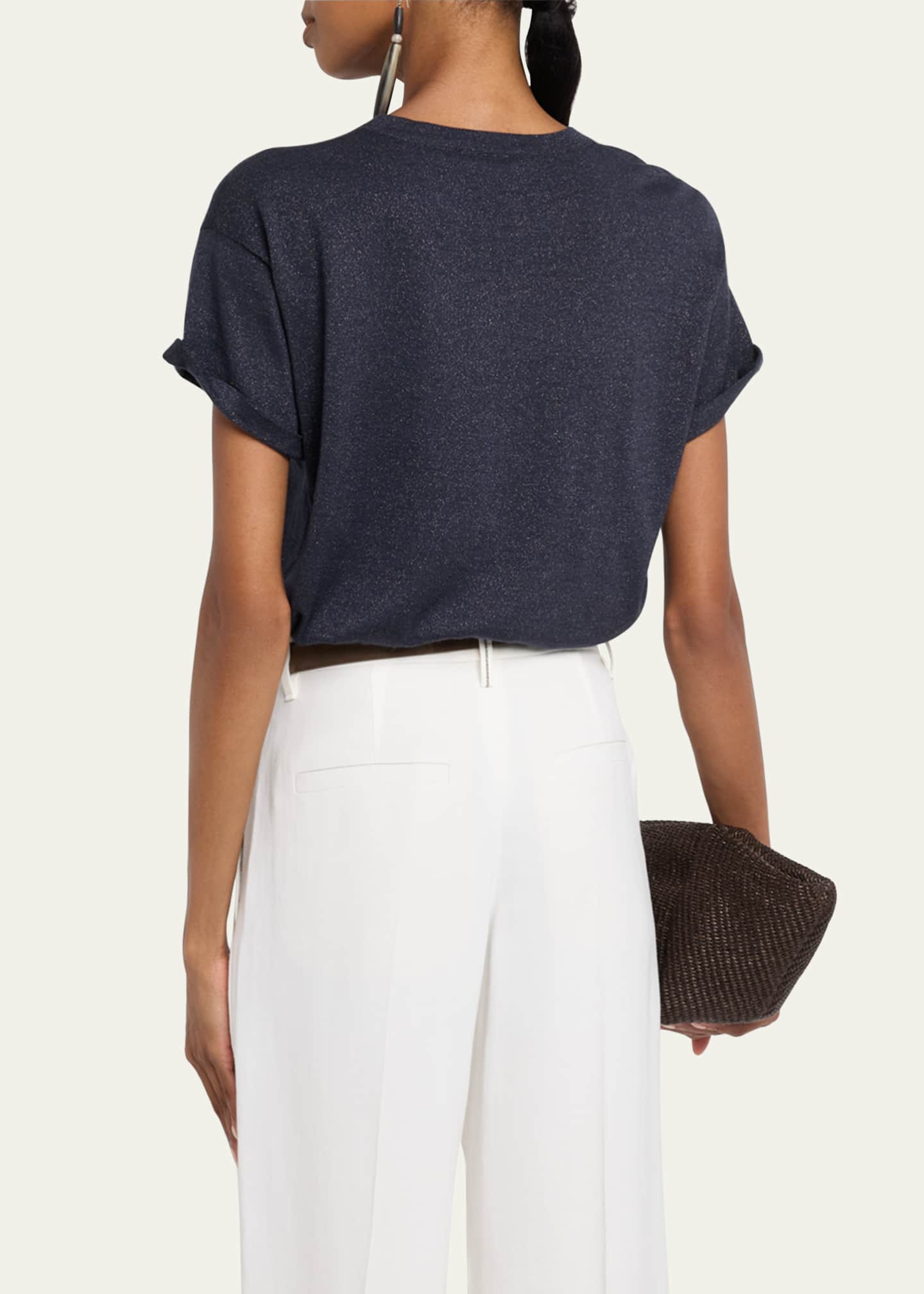 Brunello Cucinelli Metallic Short-Sleeve Cashmere Silk T-Shirt Image 3 of 5
