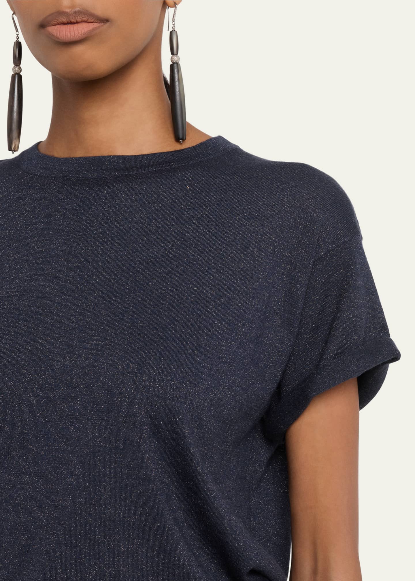 Brunello Cucinelli Metallic Short-Sleeve Cashmere Silk T-Shirt Image 5 of 5