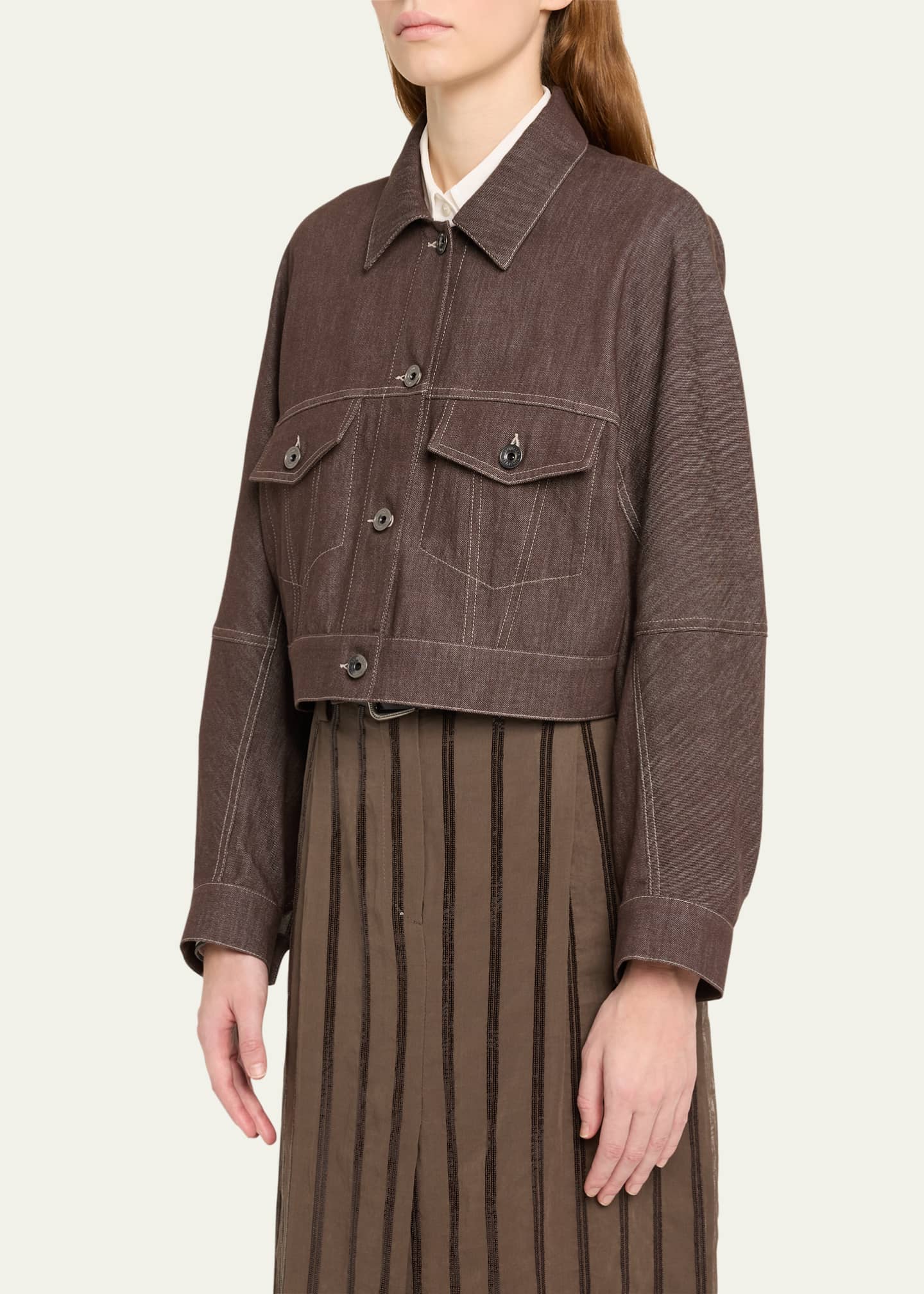 Brunello Cucinelli Denim Button Front Cropped Jacket Image 4 of 5