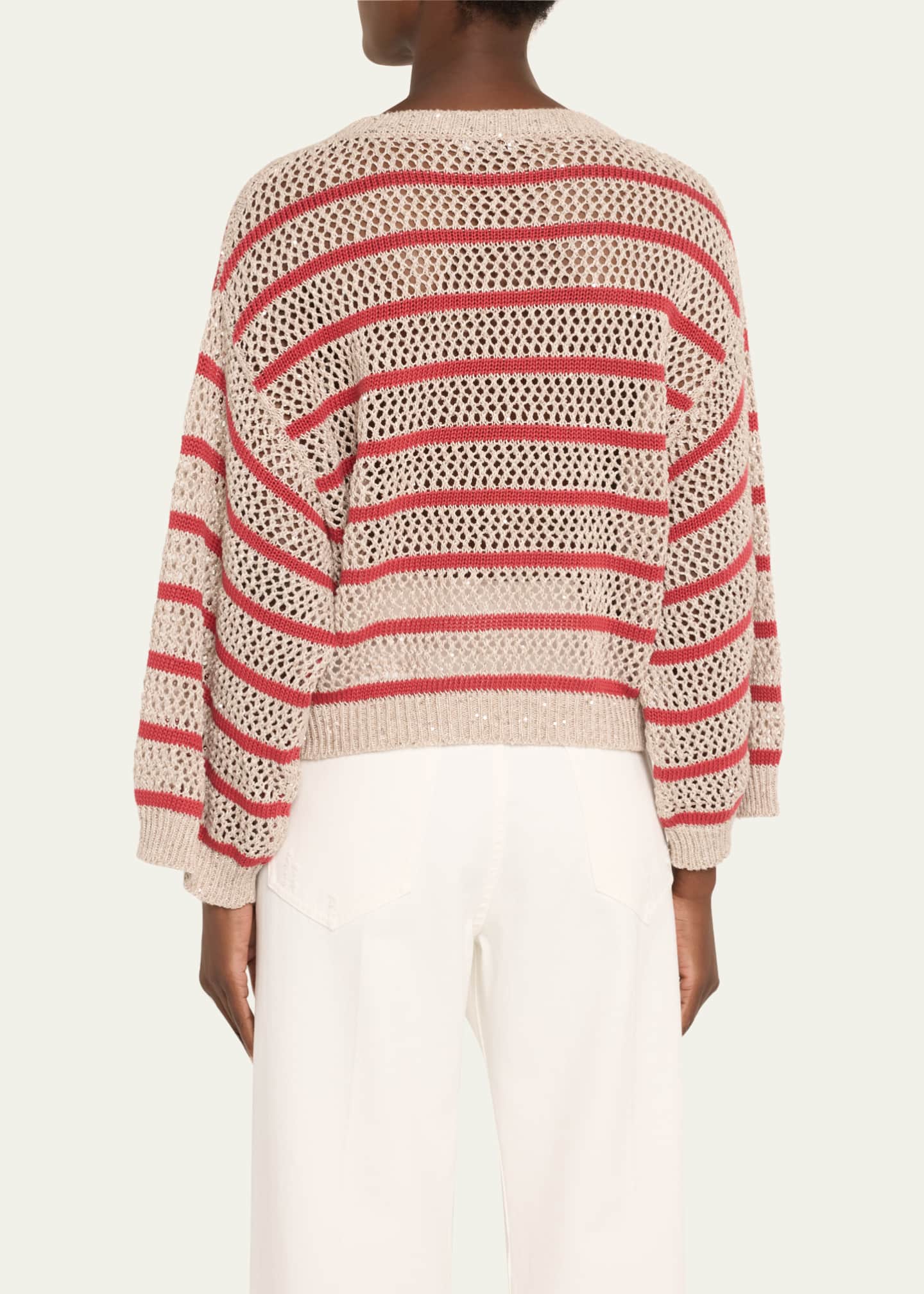 Brunello Cucinelli Micro Sequined Linen French Riveria Stripe Sweater Image 3 of 5