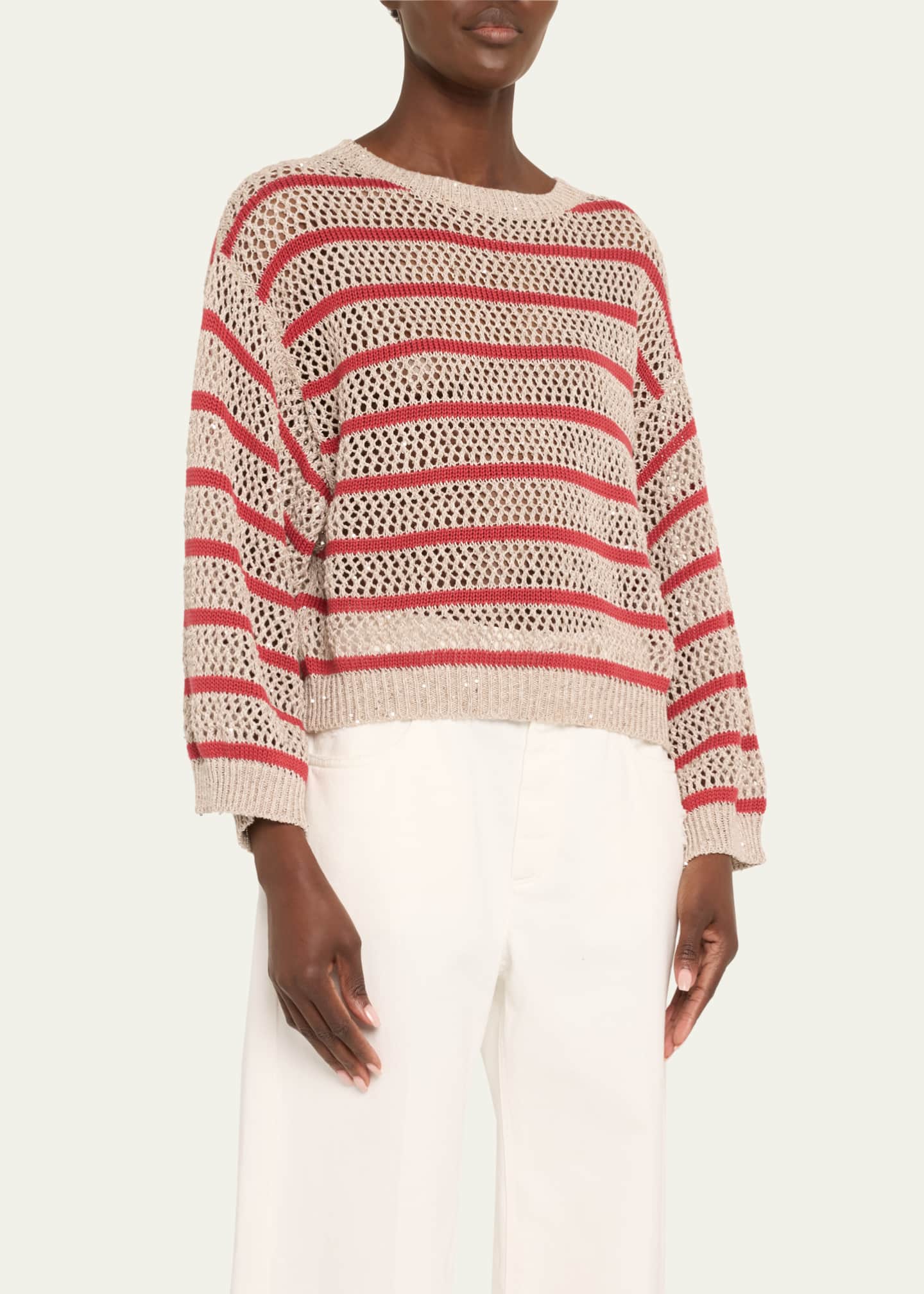 Brunello Cucinelli Micro Sequined Linen French Riveria Stripe Sweater Image 4 of 5