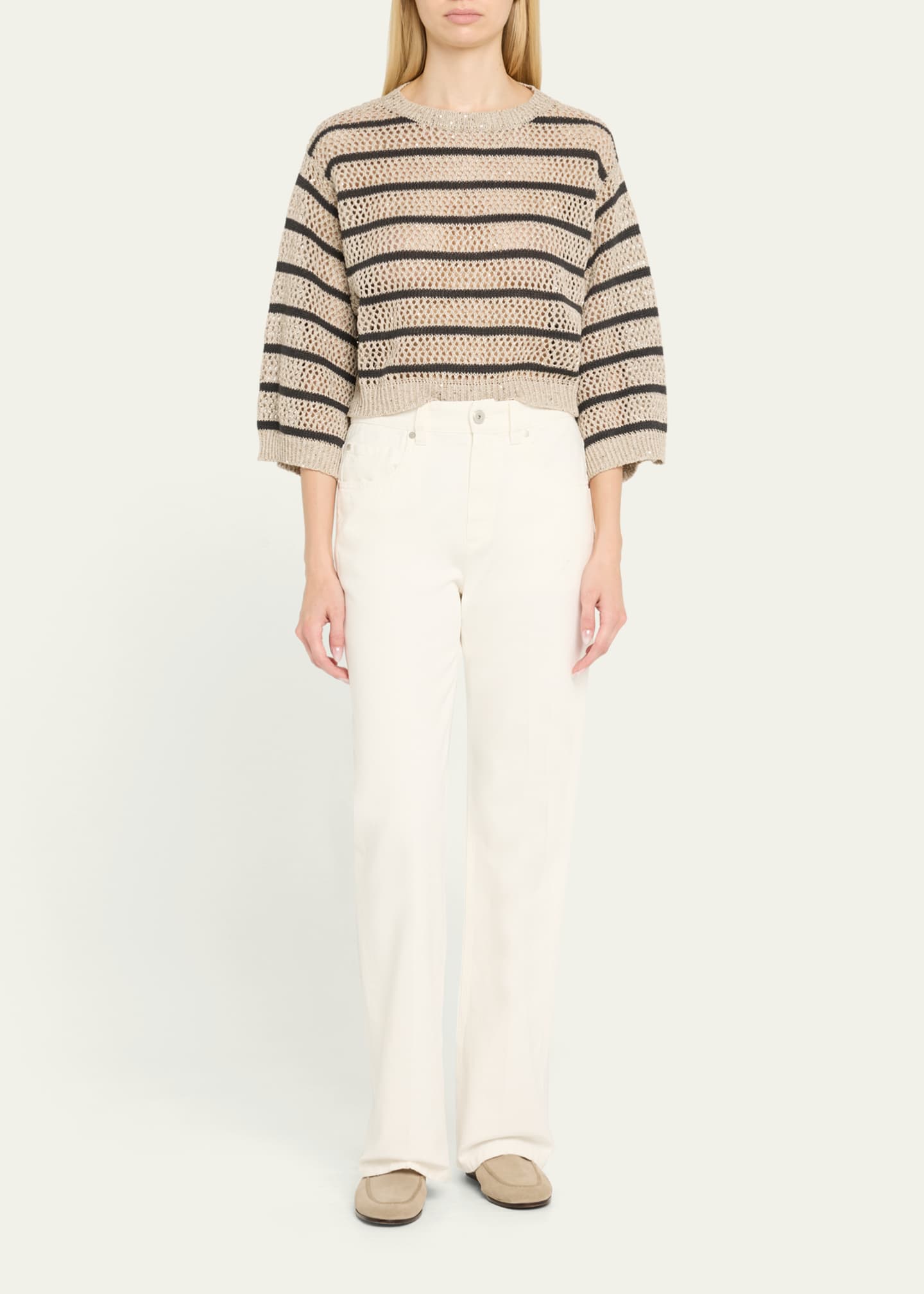 Brunello Cucinelli Micro Sequined Linen French Riveria Stripe Sweater Image 2 of 5