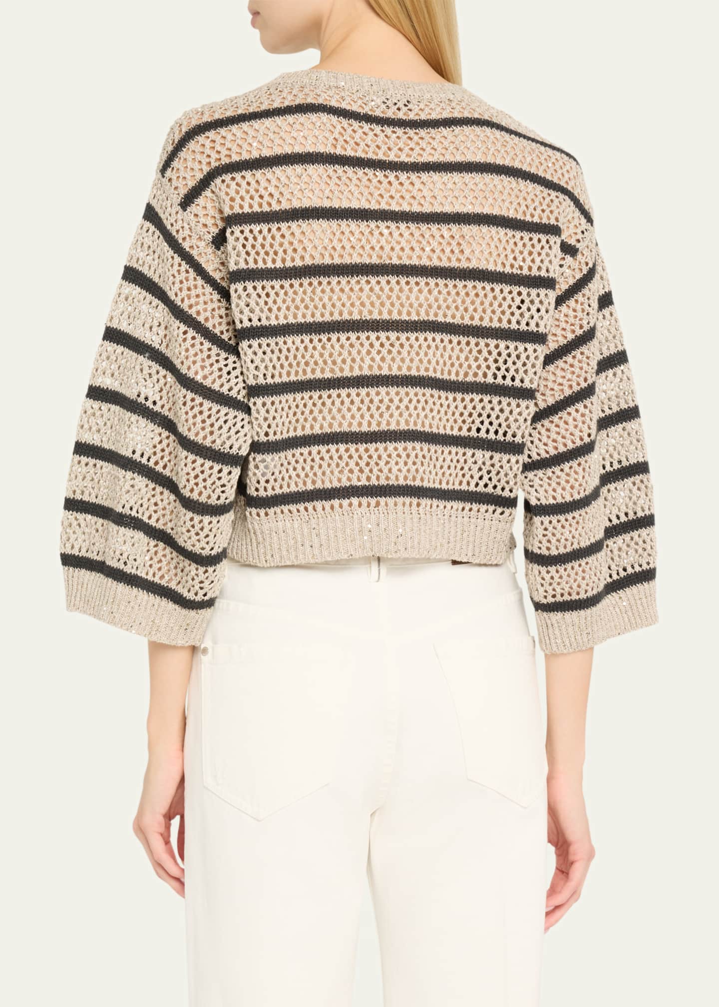 Brunello Cucinelli Micro Sequined Linen French Riveria Stripe Sweater Image 3 of 5
