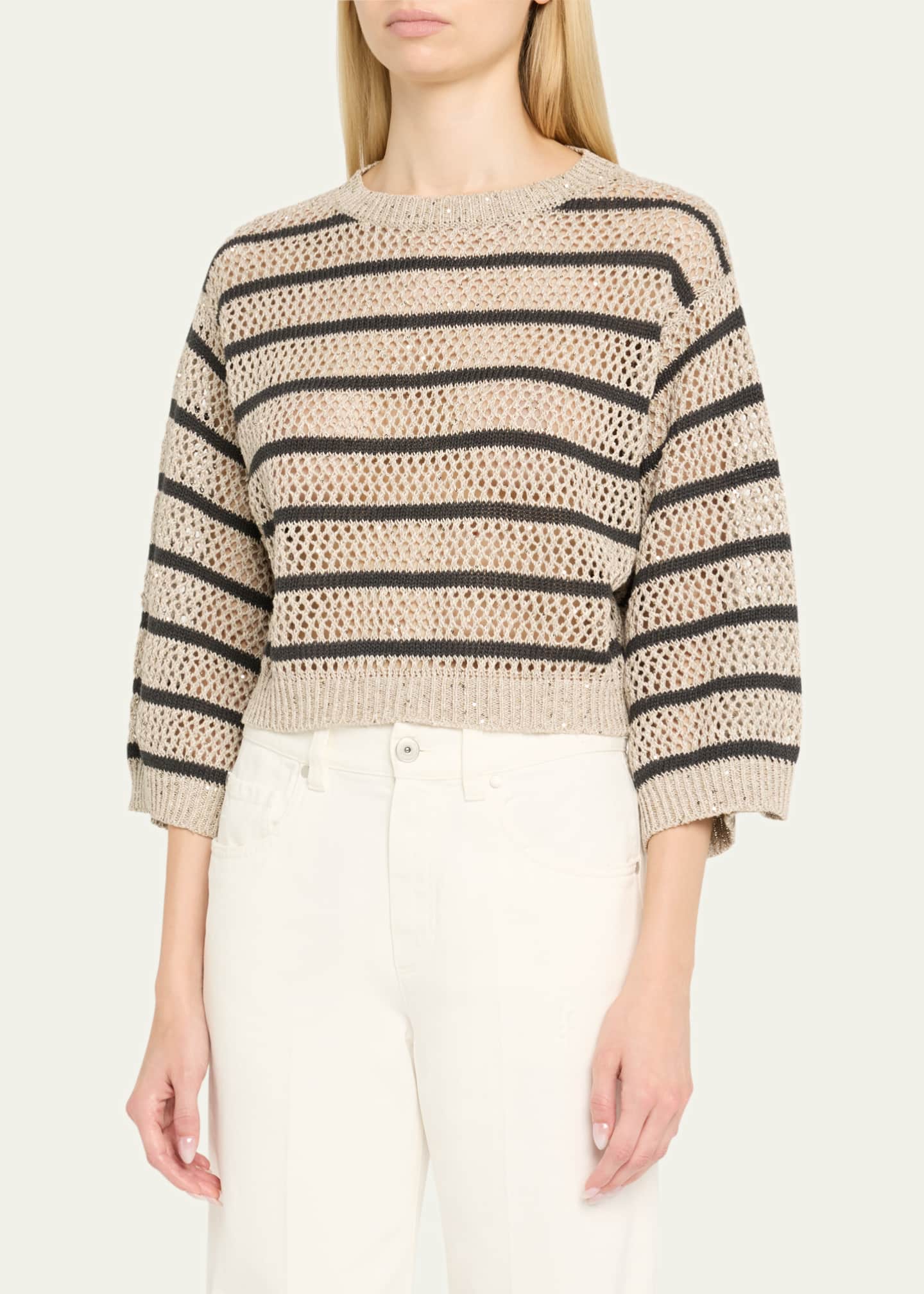 Brunello Cucinelli Micro Sequined Linen French Riveria Stripe Sweater Image 4 of 5