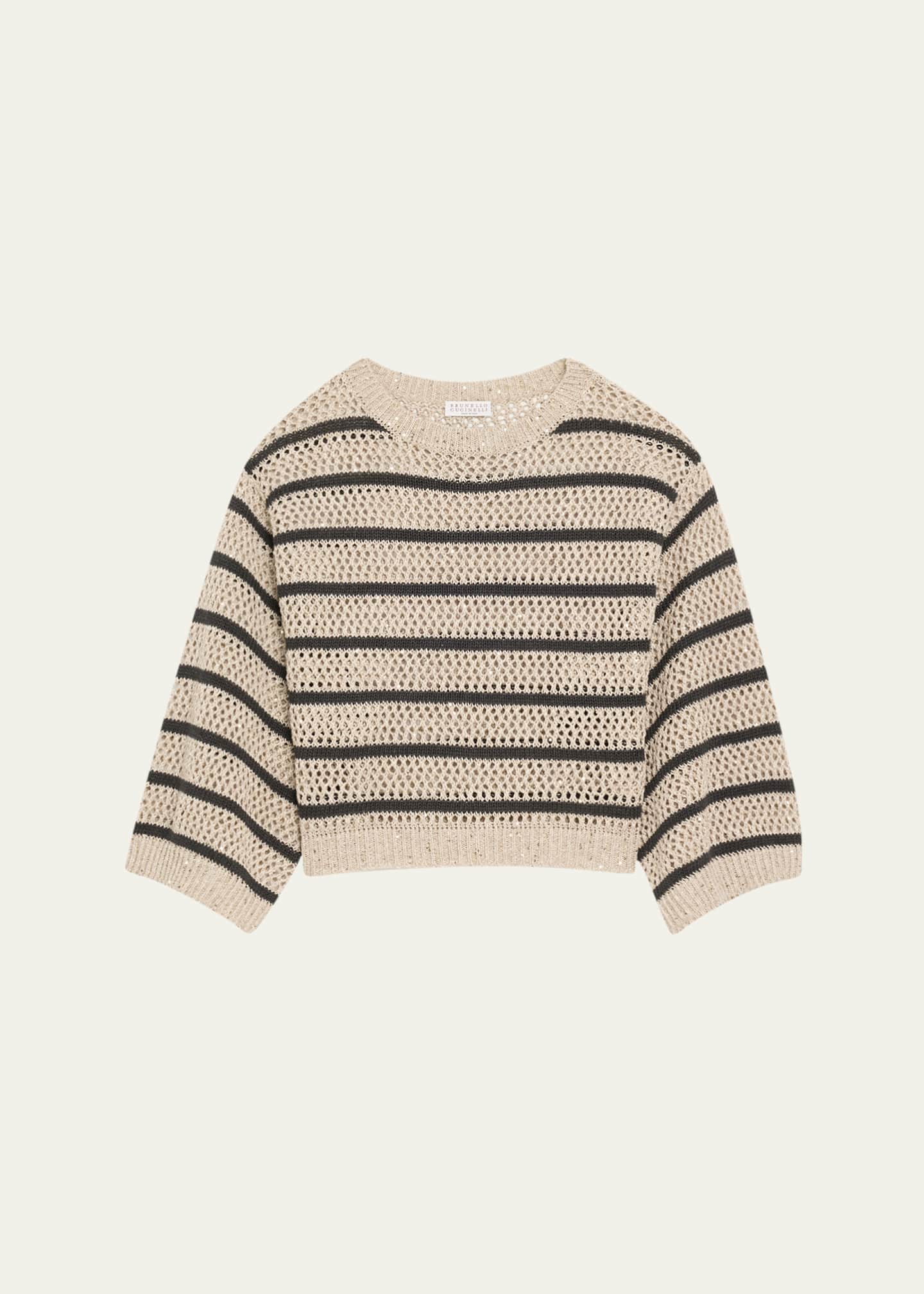 Brunello Cucinelli Micro Sequined Linen French Riveria Stripe Sweater Image 1 of 5