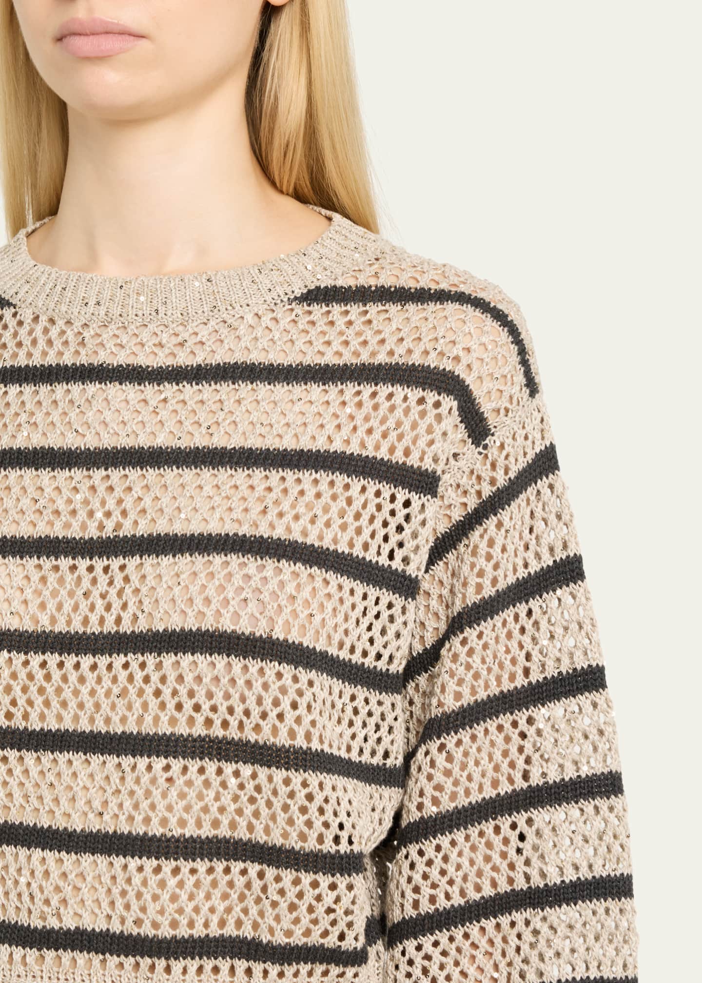 Brunello Cucinelli Micro Sequined Linen French Riveria Stripe Sweater Image 5 of 5
