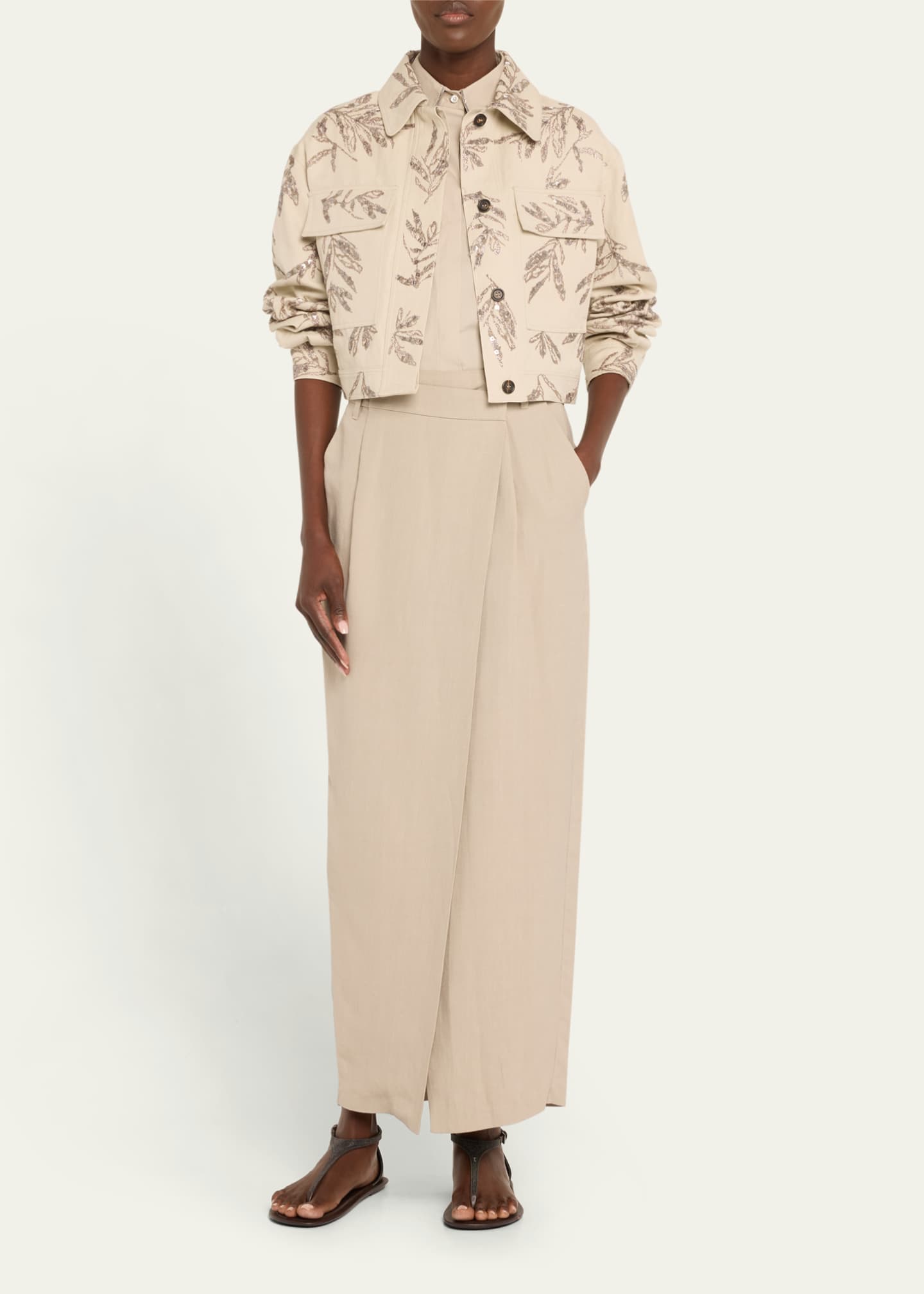 Brunello Cucinelli Long Wrapped Sartorial Linen Skirt Image 2 of 5