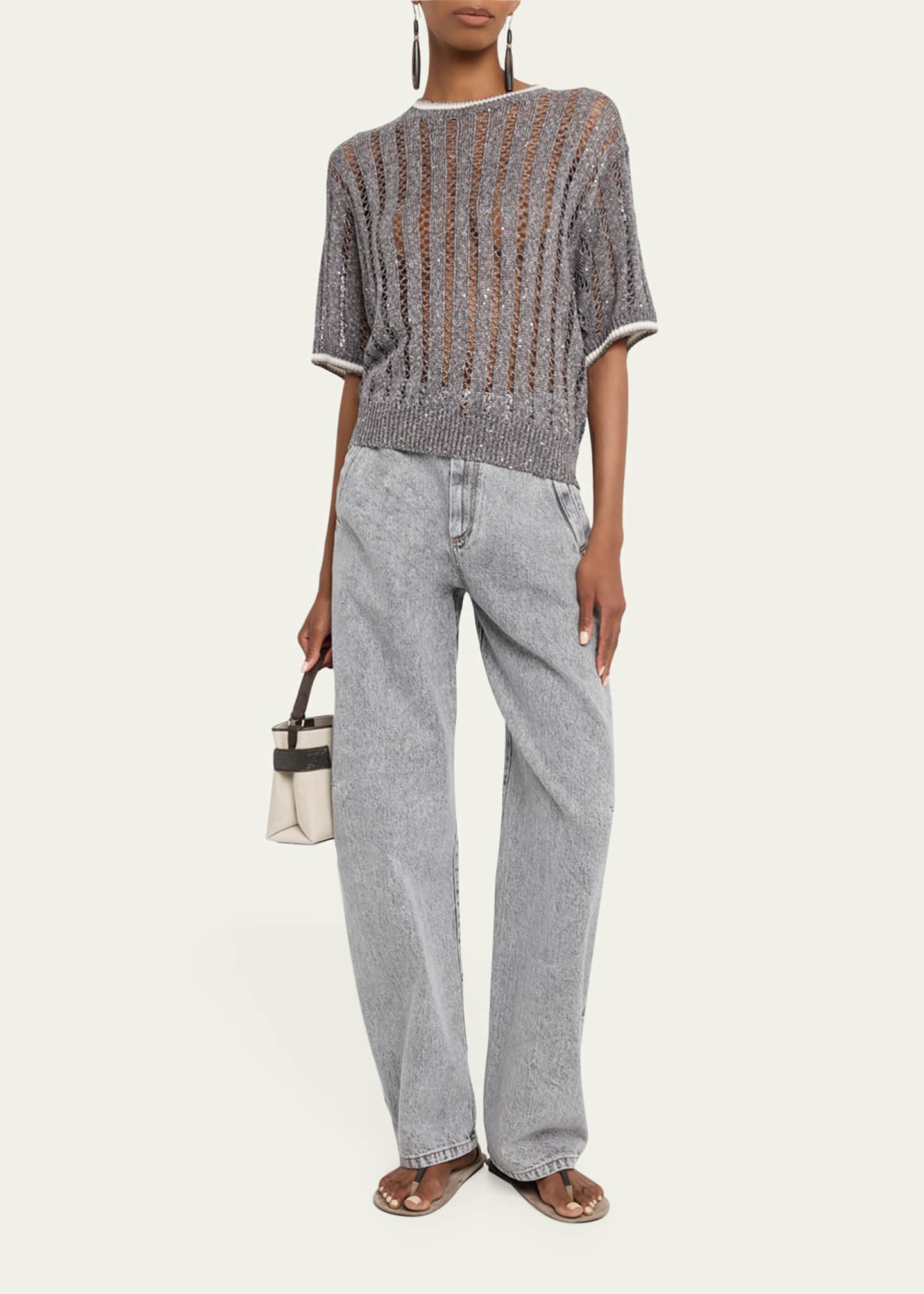 Brunello Cucinelli Micro Sequined Linen French Riveria Sweater Image 2 of 5