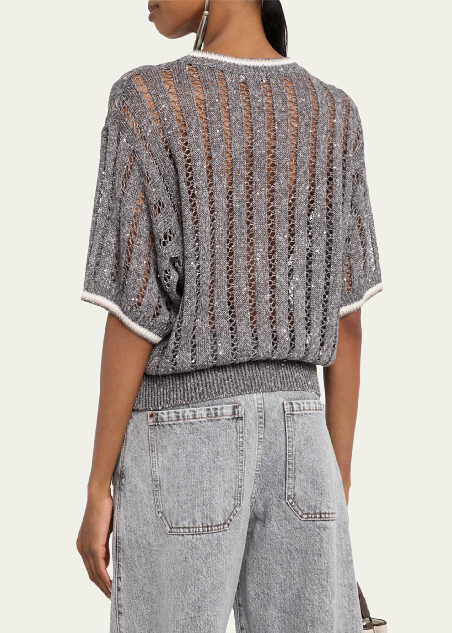 Brunello Cucinelli Micro Sequined Linen French Riveria Sweater Image 3 of 5