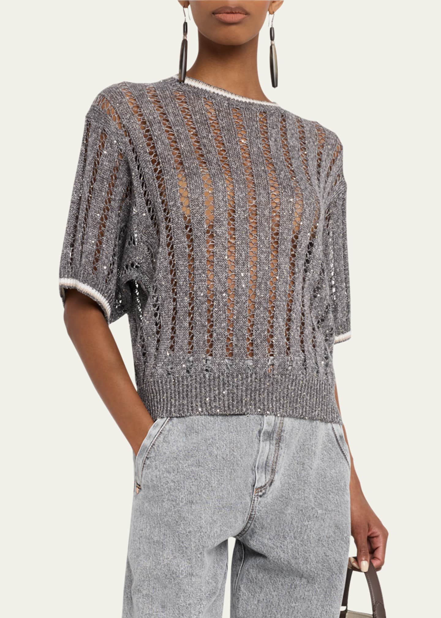 Brunello Cucinelli Micro Sequined Linen French Riveria Sweater Image 4 of 5