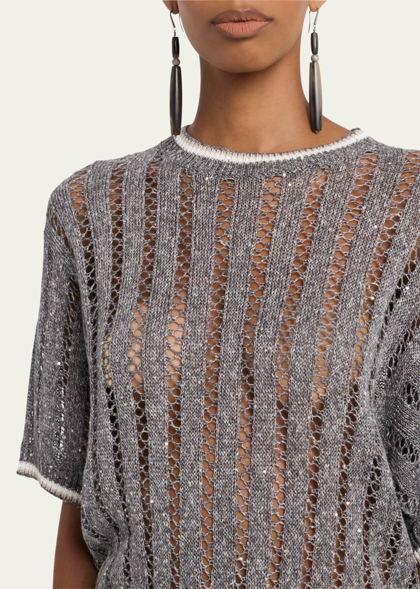 Brunello Cucinelli Micro Sequined Linen French Riveria Sweater Image 5 of 5