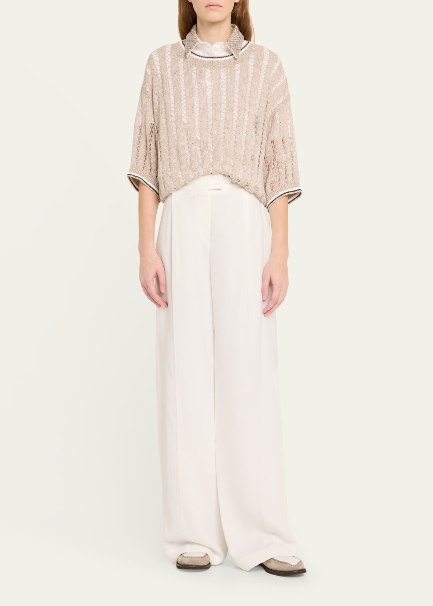 Brunello Cucinelli Micro Sequined Linen French Riveria Sweater Image 2 of 5