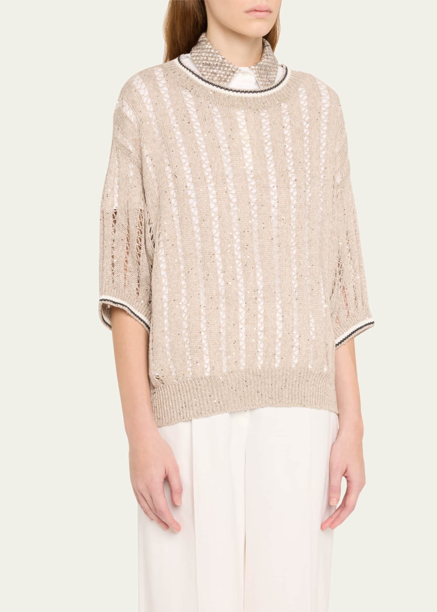 Brunello Cucinelli Micro Sequined Linen French Riveria Sweater Image 4 of 5