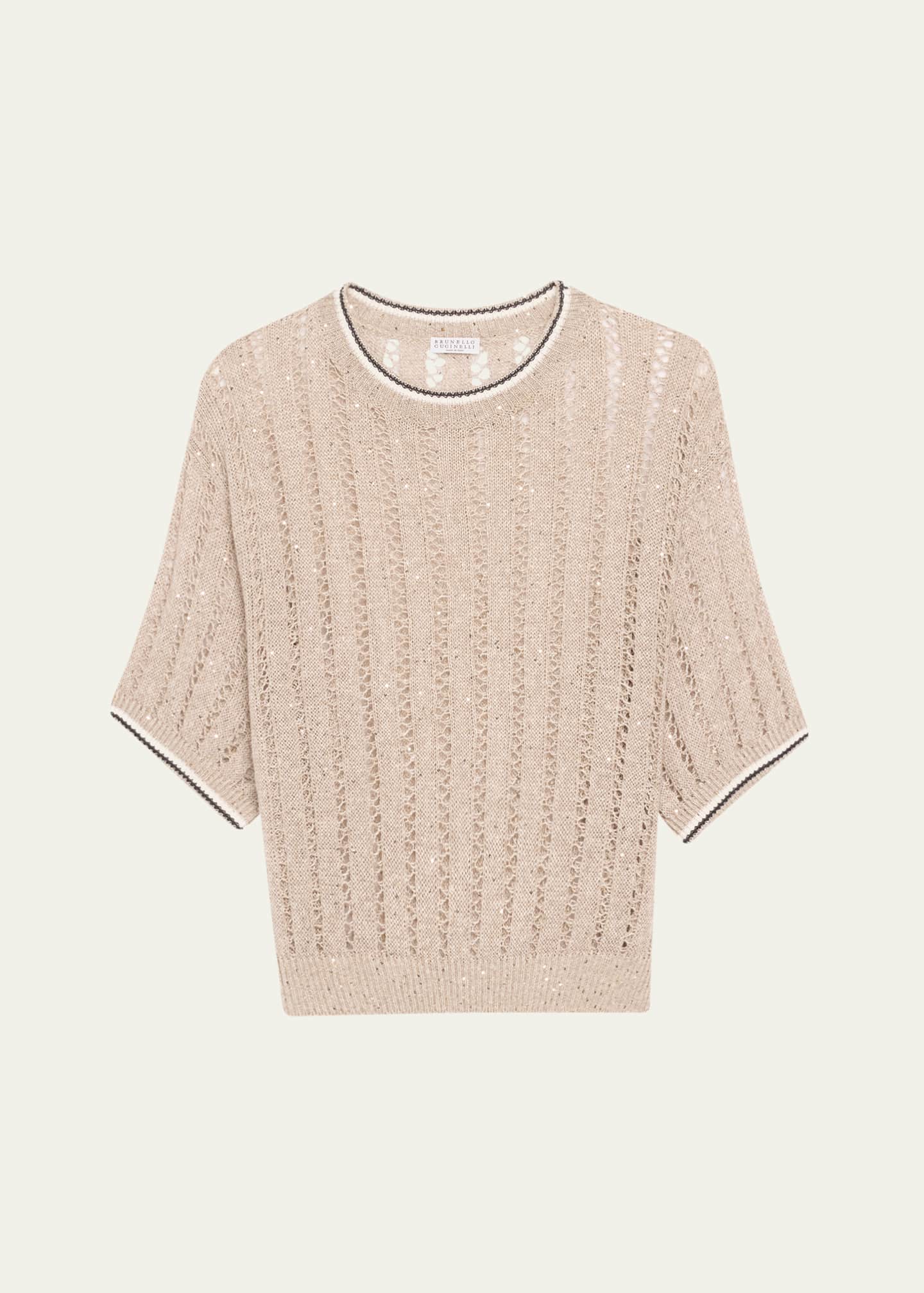 Brunello Cucinelli Micro Sequined Linen French Riveria Sweater Image 1 of 5