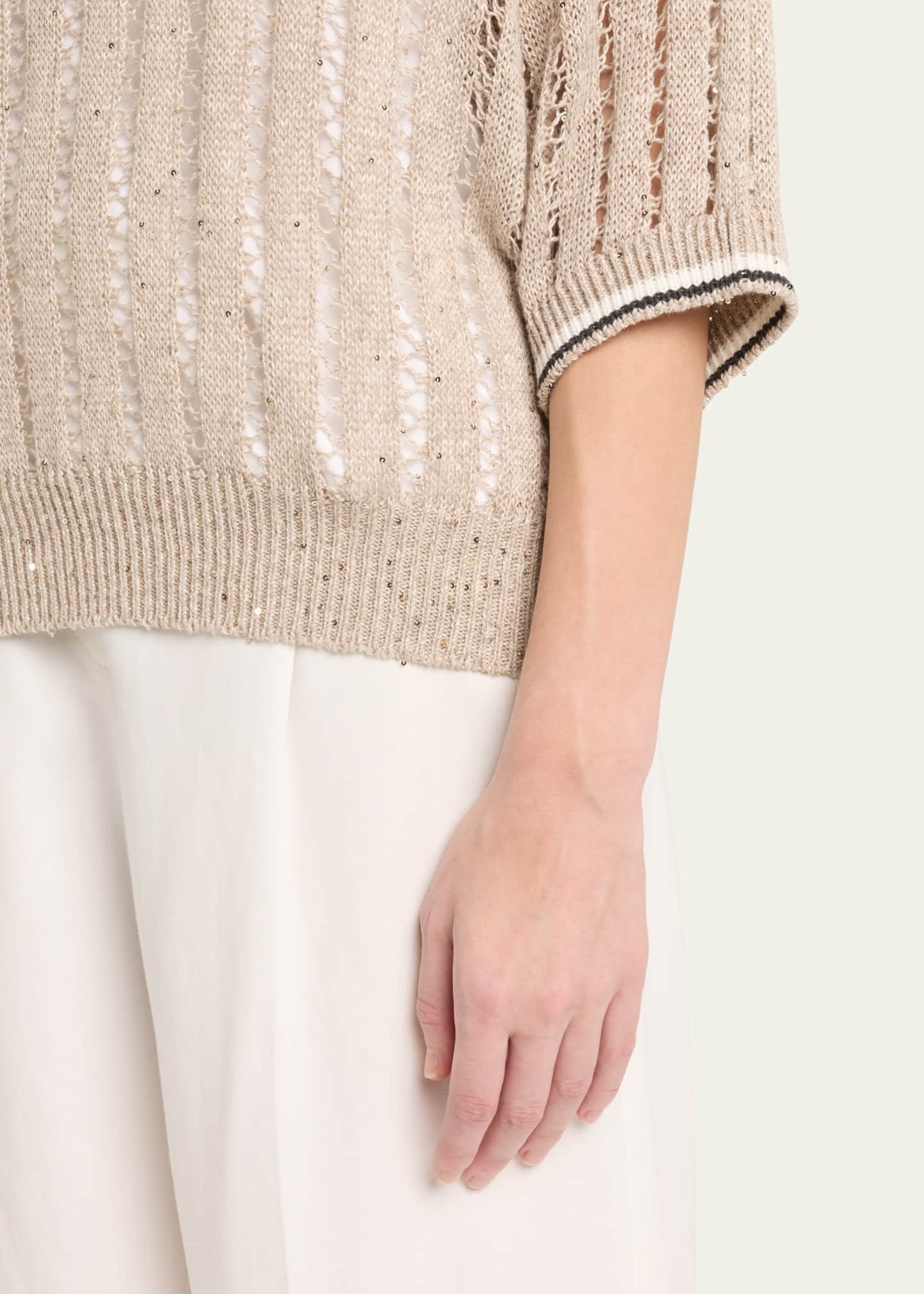 Brunello Cucinelli Micro Sequined Linen French Riveria Sweater Image 5 of 5