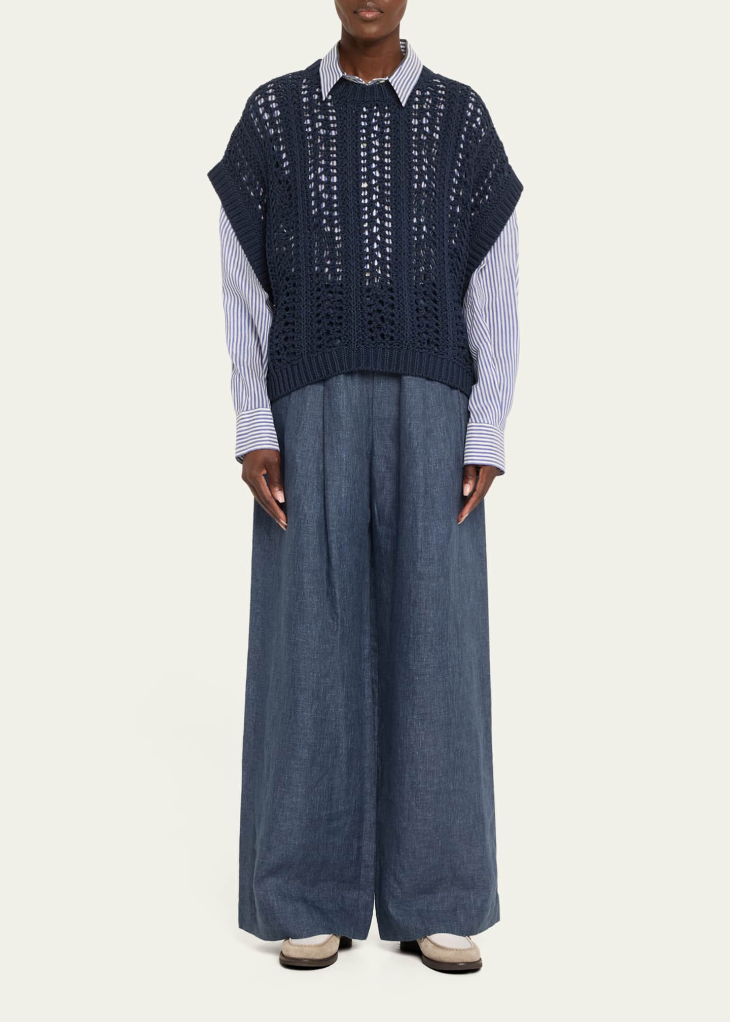 Brunello Cucinelli Stripe Button Down Linen Shirt with Piping Collar Image 2 of 5