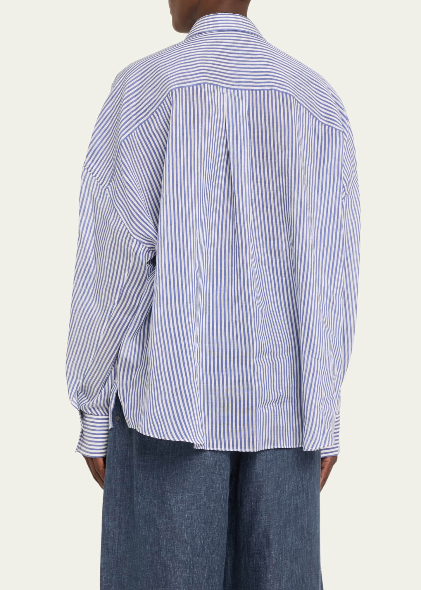 Brunello Cucinelli Stripe Button Down Linen Shirt with Piping Collar Image 3 of 5
