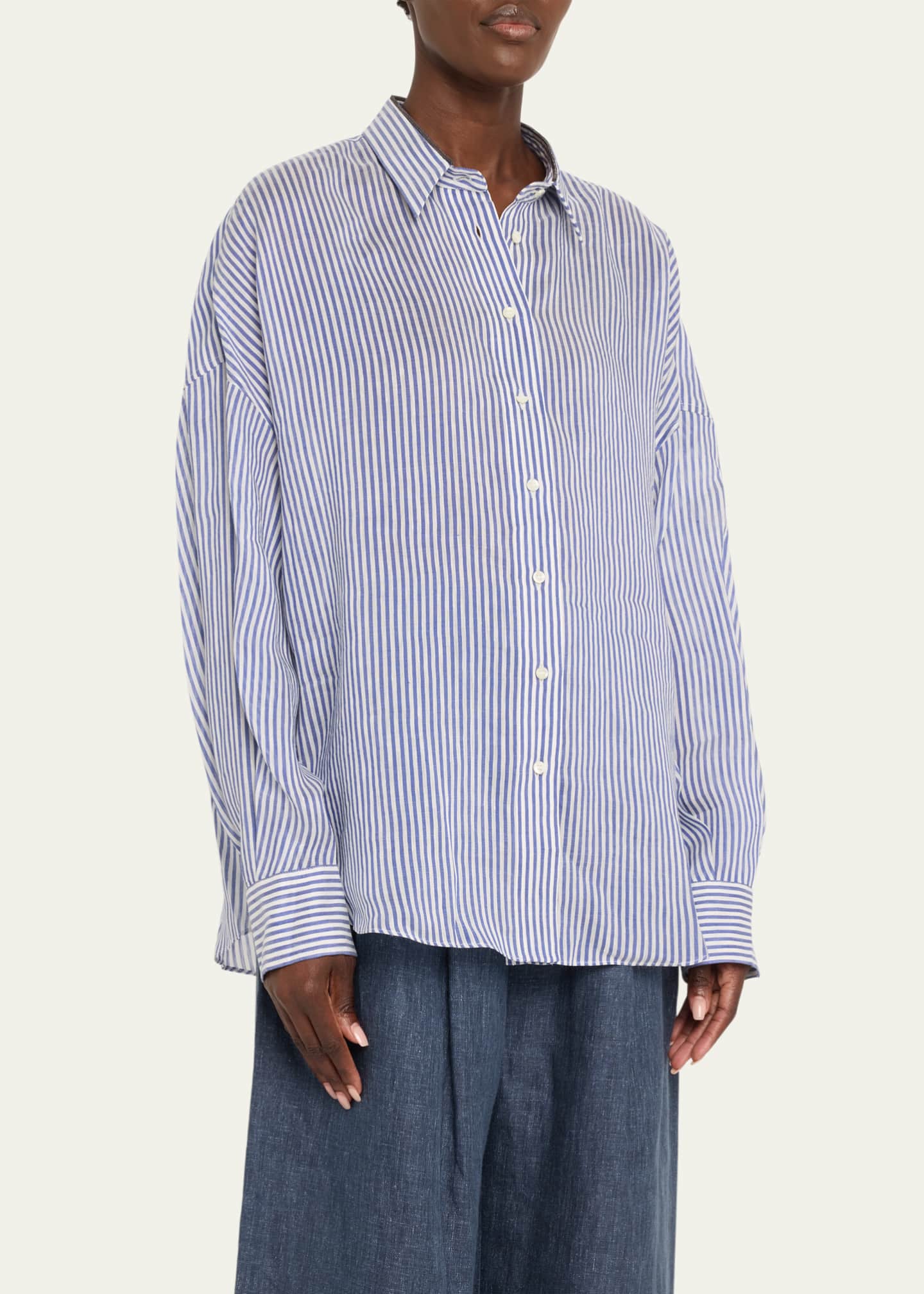 Brunello Cucinelli Stripe Button Down Linen Shirt with Piping Collar Image 4 of 5