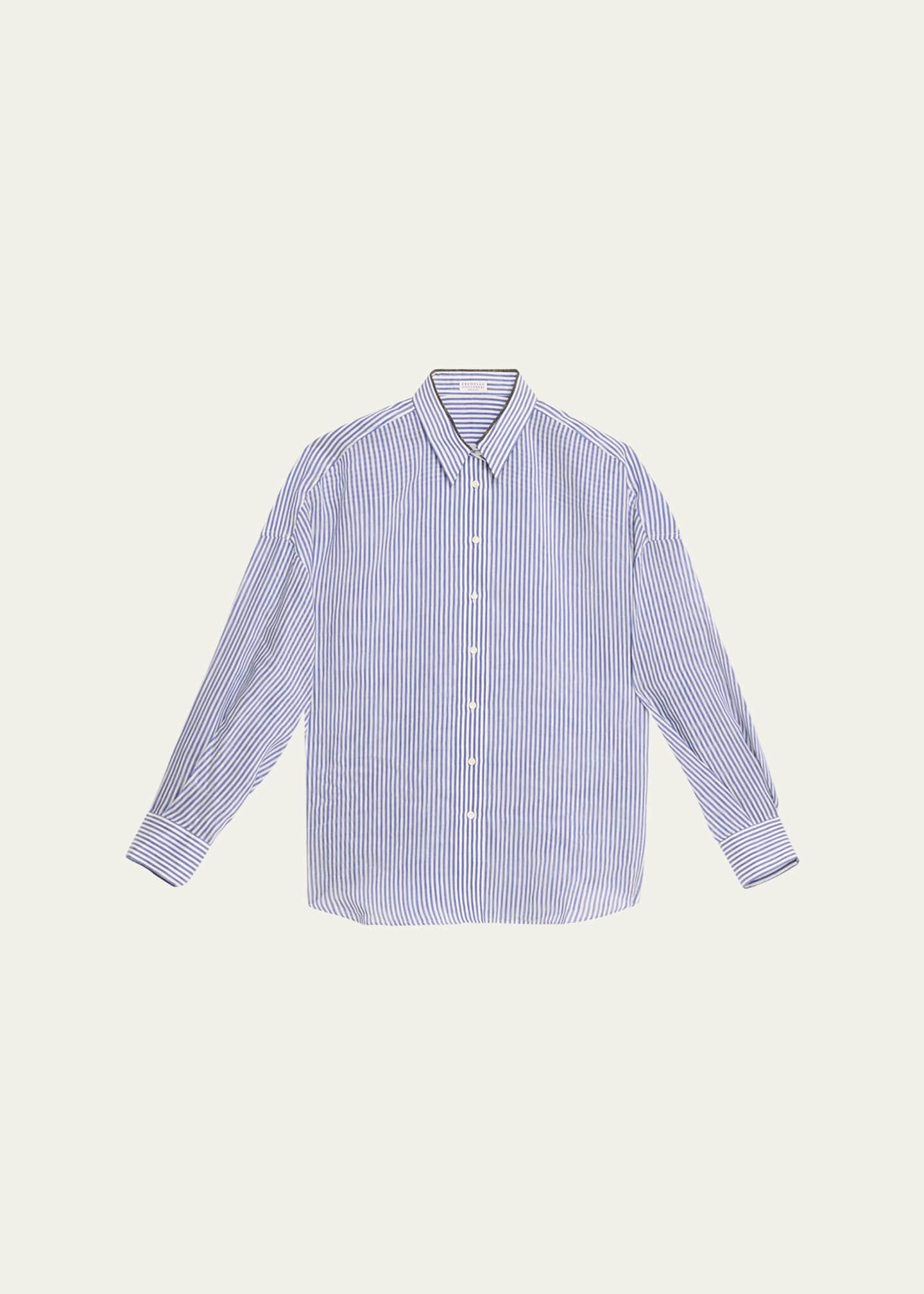 Brunello Cucinelli Stripe Button Down Linen Shirt with Piping Collar Image 1 of 5