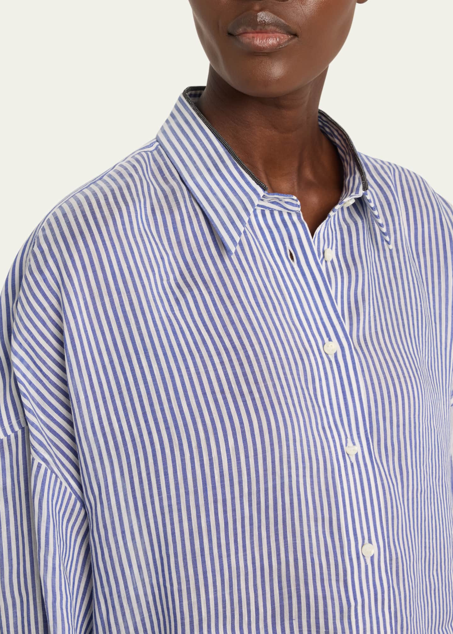 Brunello Cucinelli Stripe Button Down Linen Shirt with Piping Collar Image 5 of 5