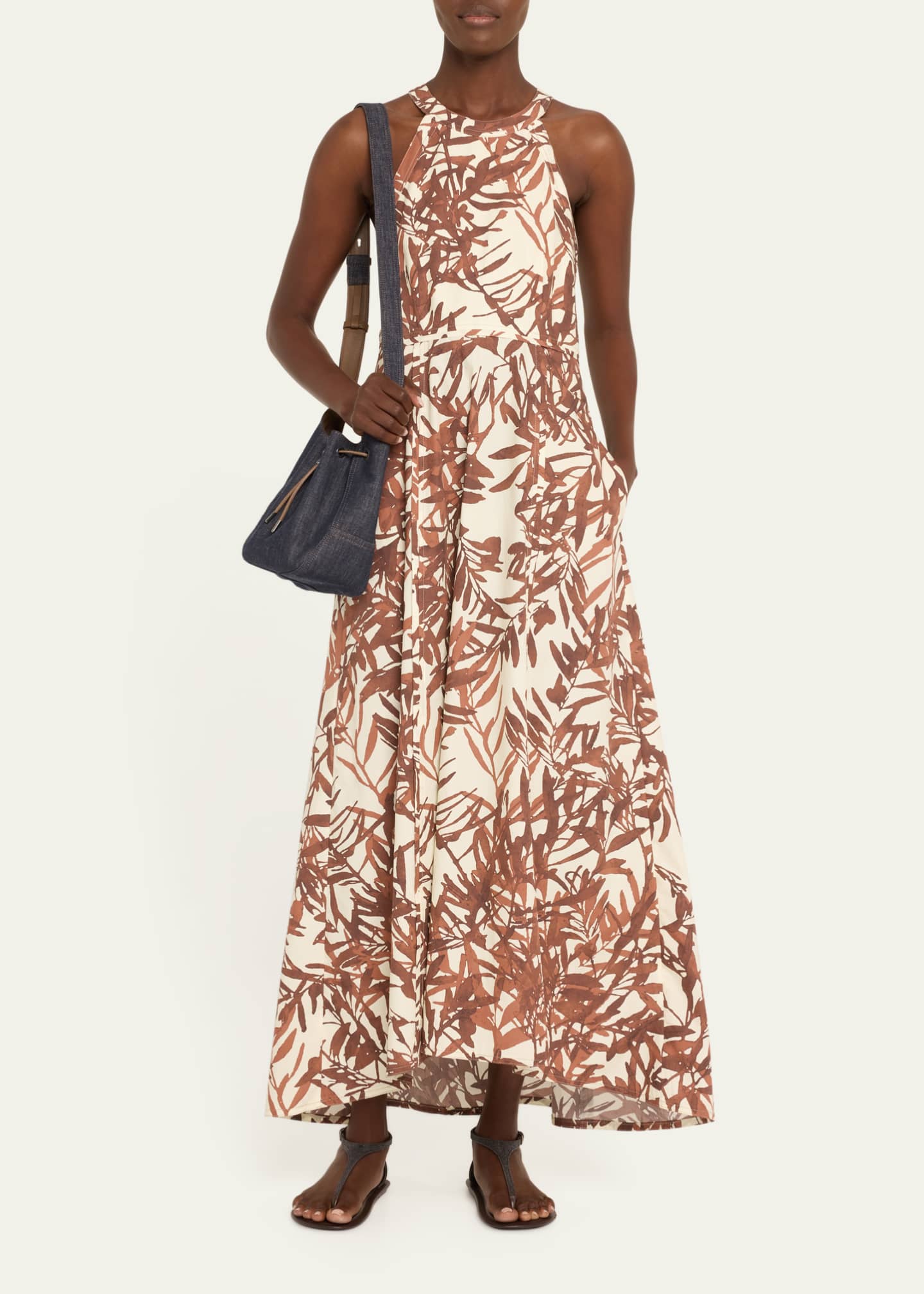 Brunello Cucinelli Herbarium Print Cotton Poplin Halterneck Volume Dress Image 2 of 5