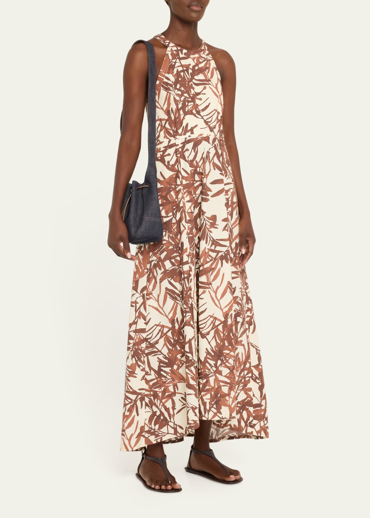 Brunello Cucinelli Herbarium Print Cotton Poplin Halterneck Volume Dress Image 4 of 5
