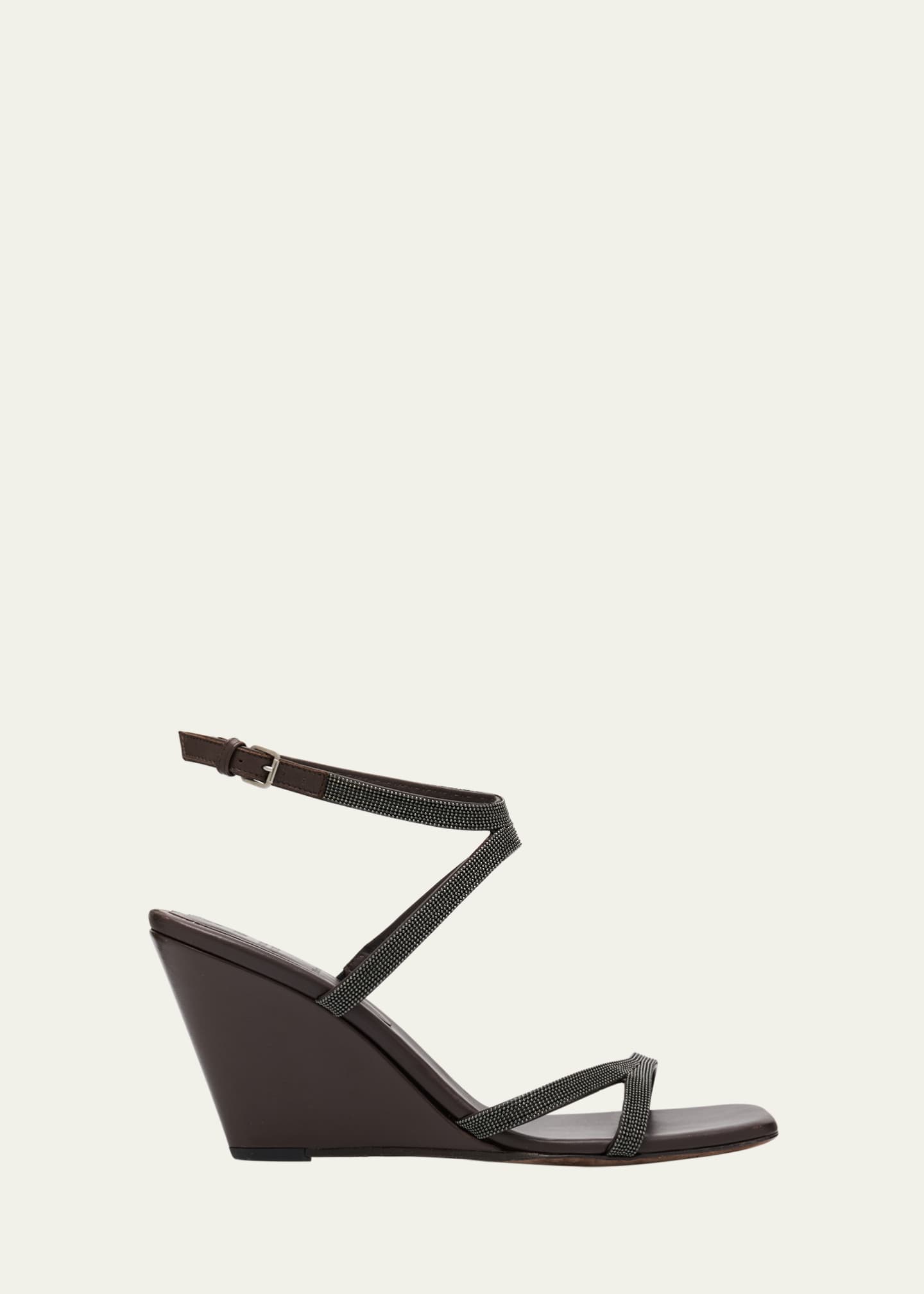 Brunello Cucinelli Leather Two Cross Strap Wedge Sandals Image 1 of 6