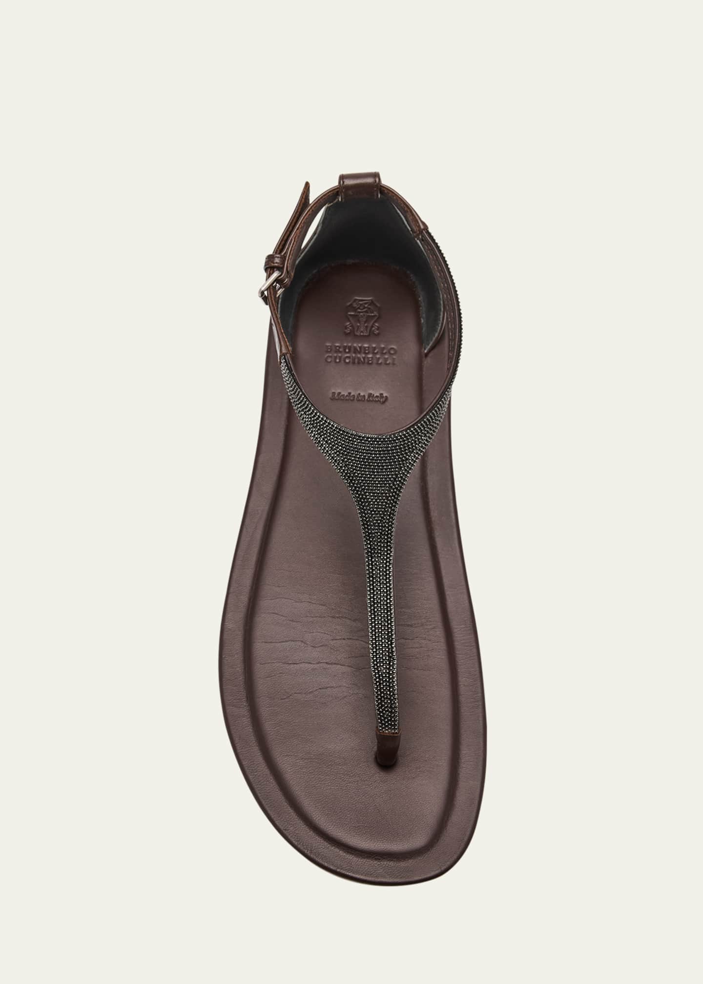 Brunello Cucinelli Beaded Leather T-Strap Sandals Image 5 of 5