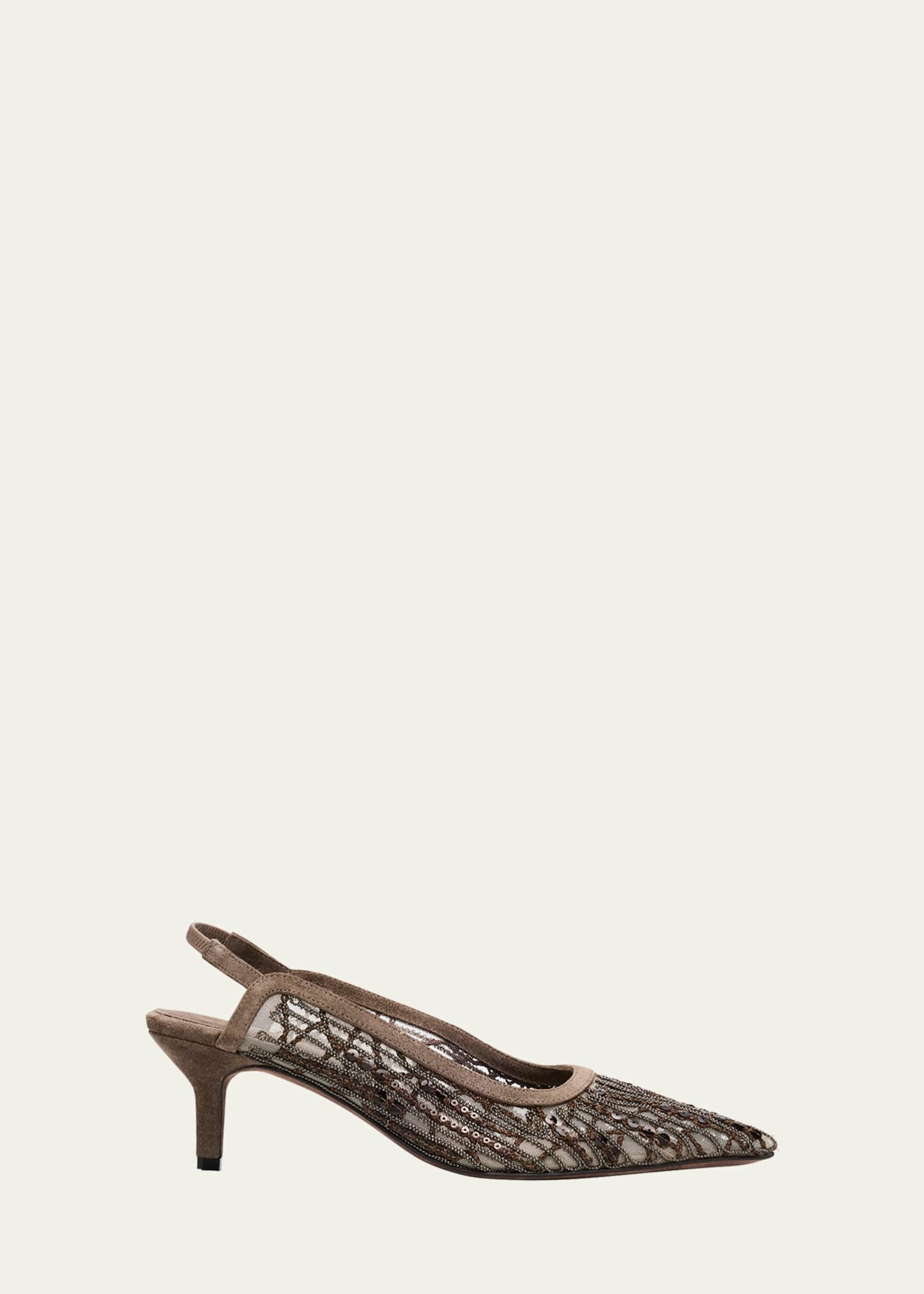 Brunello Cucinelli Monili Suede Kitten-Heel Slingback Pumps Image 1 of 5
