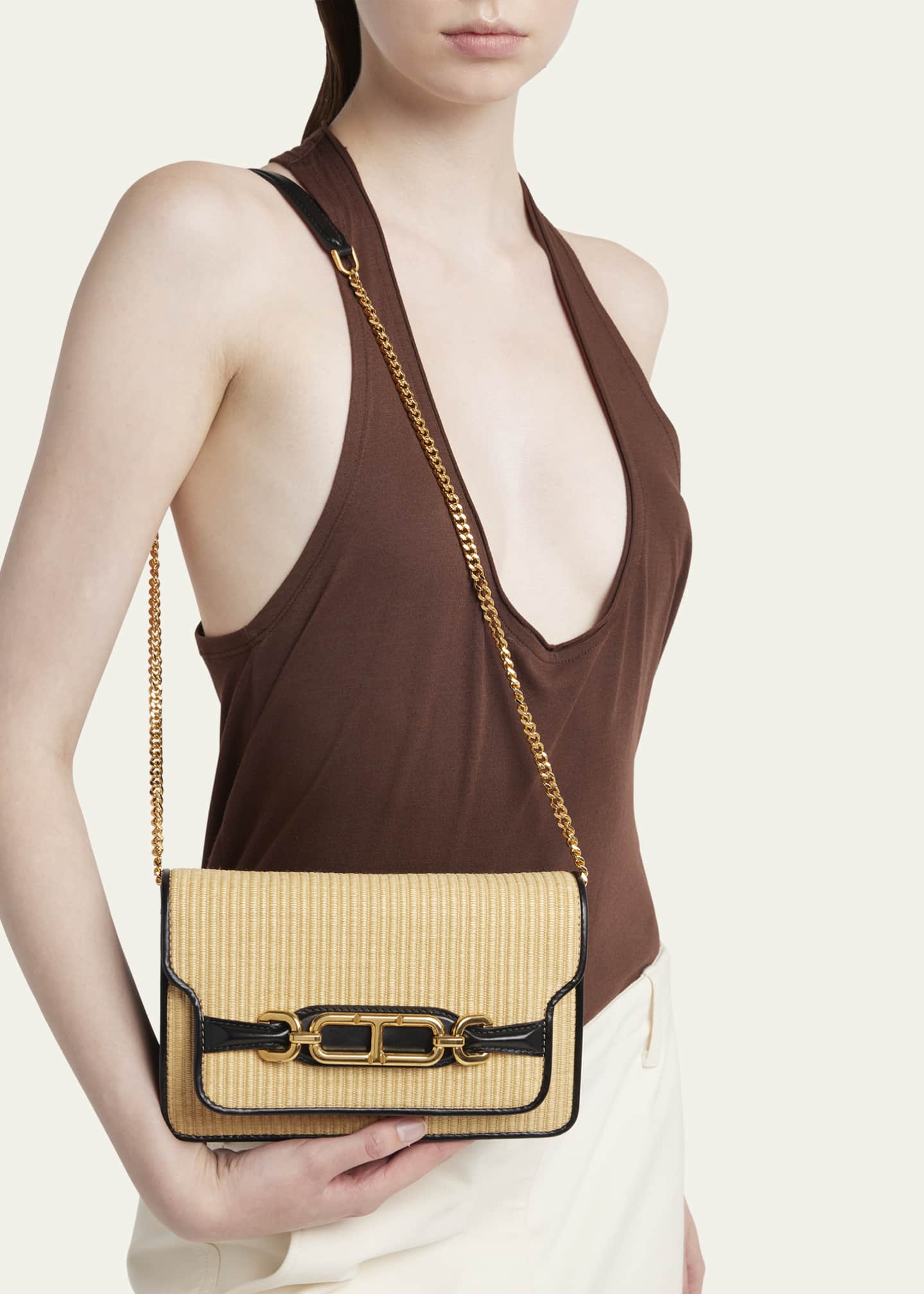 TOM FORD Small Shoulder Bag in Raffia Cotton and Leather Image 2 of 5