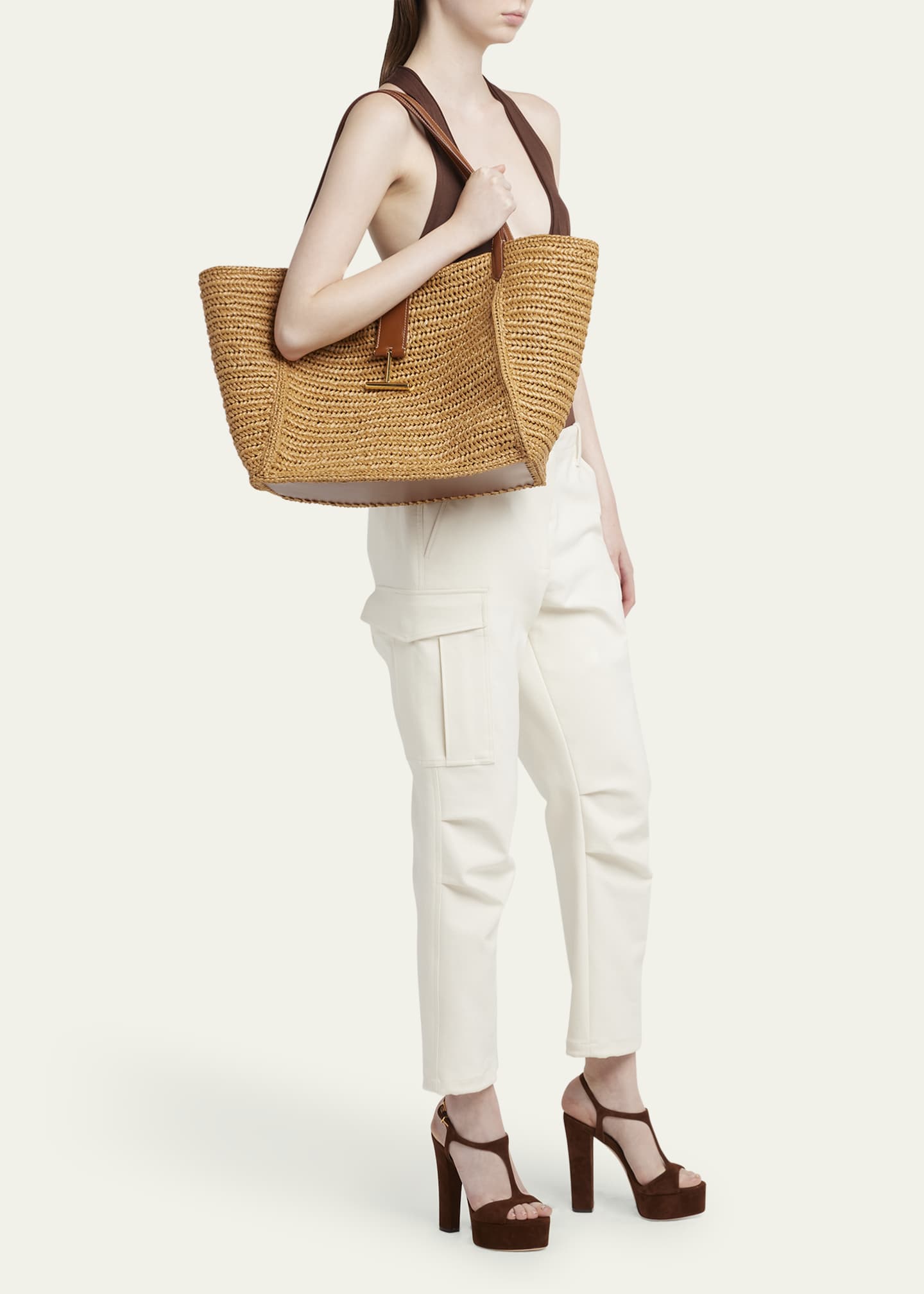 TOM FORD Tara Large Tote Bag in Raffia Viscose and Leather Image 5 of 5