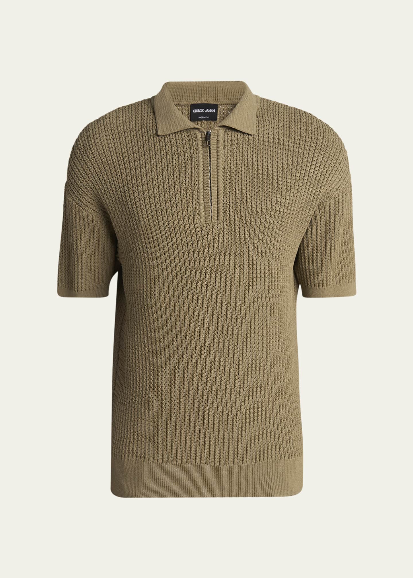 Giorgio Armani Men's Textured Knit Short-Sleeve Quarter-Zip Polo Sweater Image 1 of 5