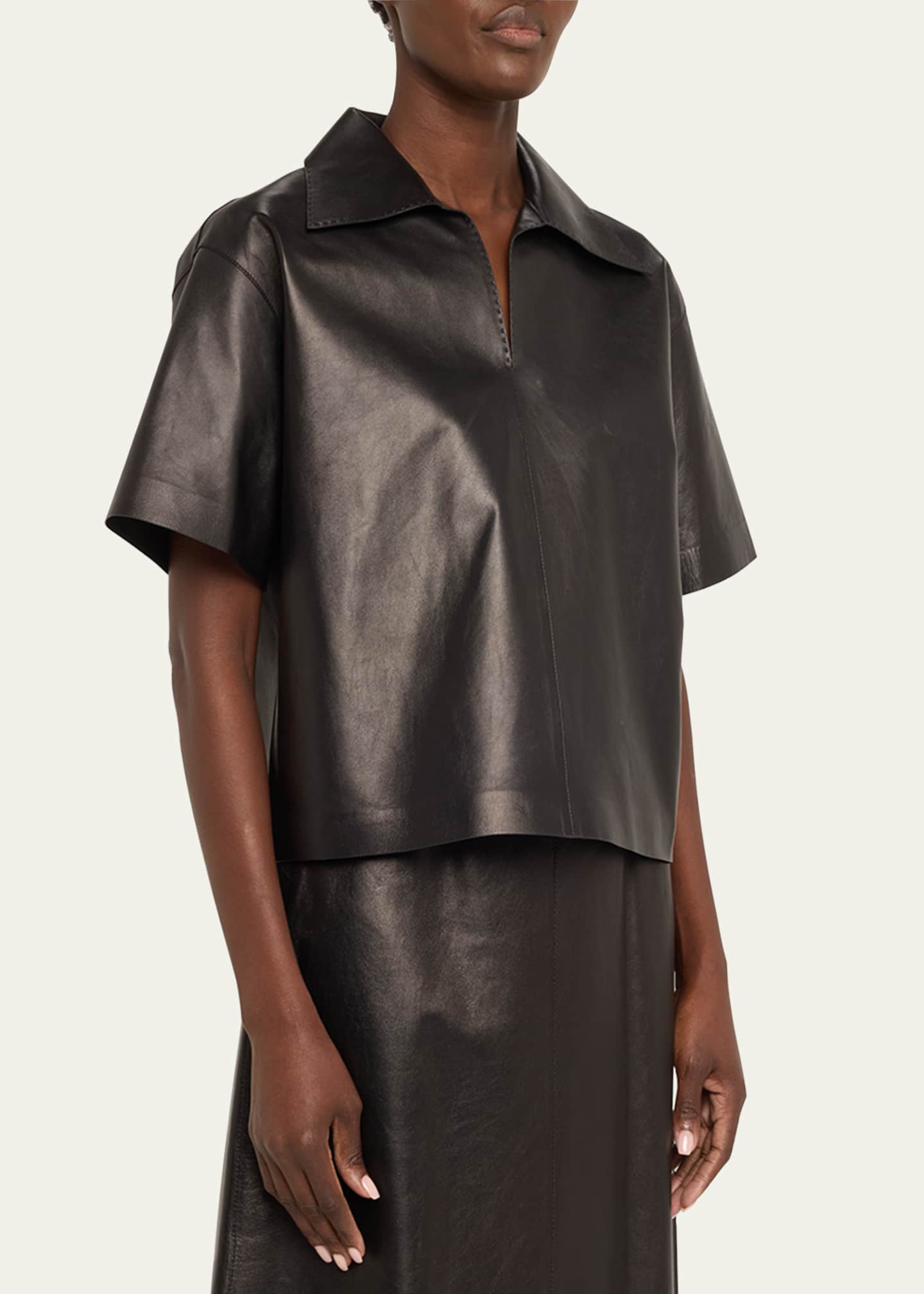 Lafayette 148 New York Short-Sleeve Leather Blouse Image 4 of 5
