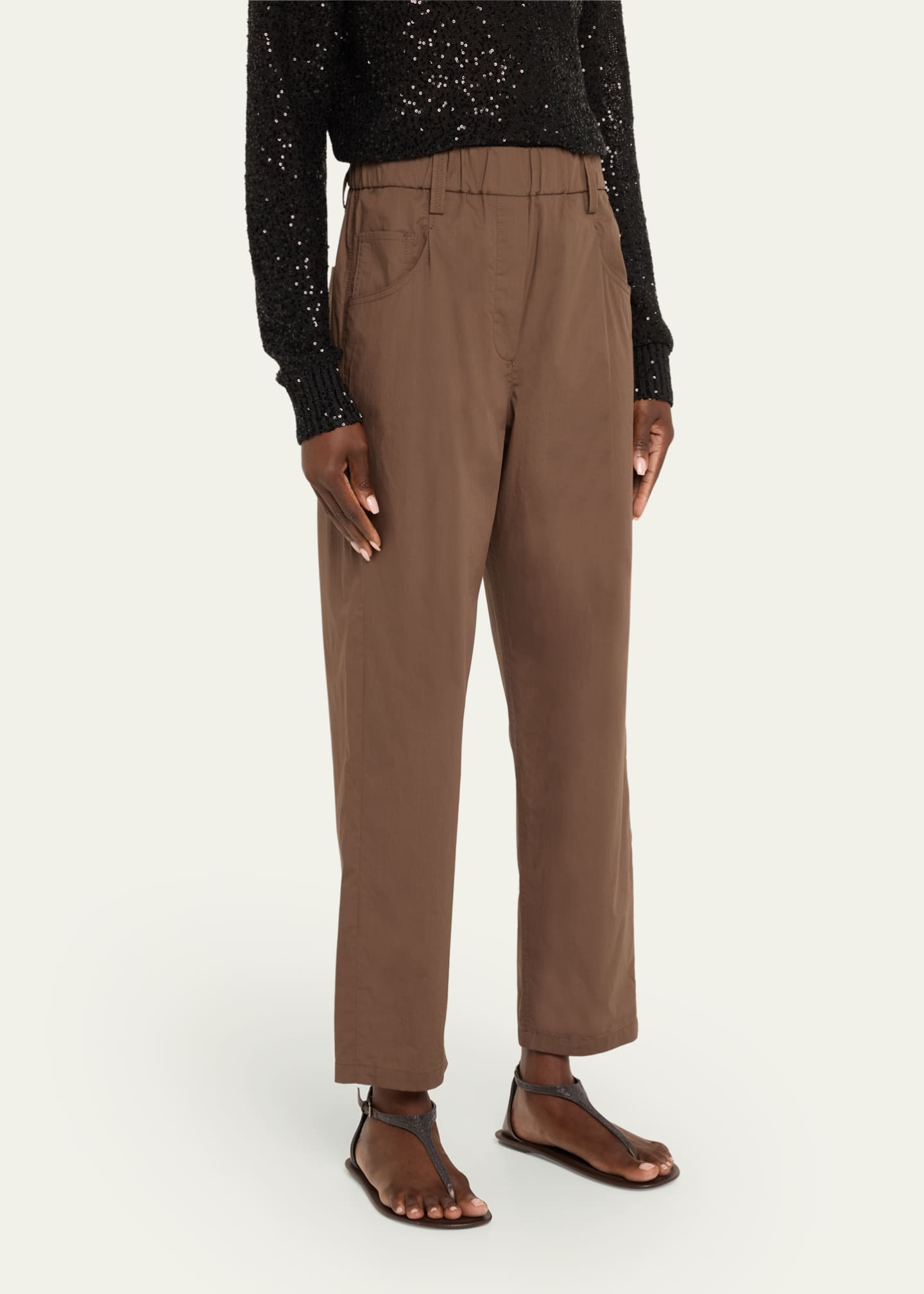 Brunello Cucinelli Poplin Baggy Straight-Leg Crop Pull-On Pants Image 4 of 5