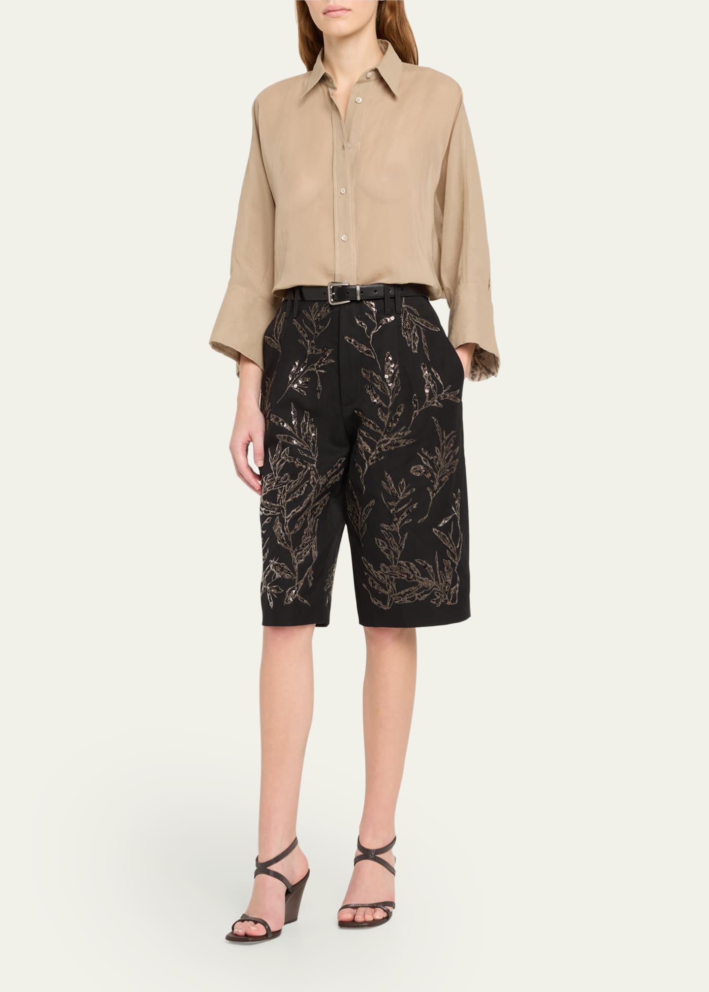 Brunello Cucinelli Structured Canvas Herbarium Sequined Shorts Image 2 of 5