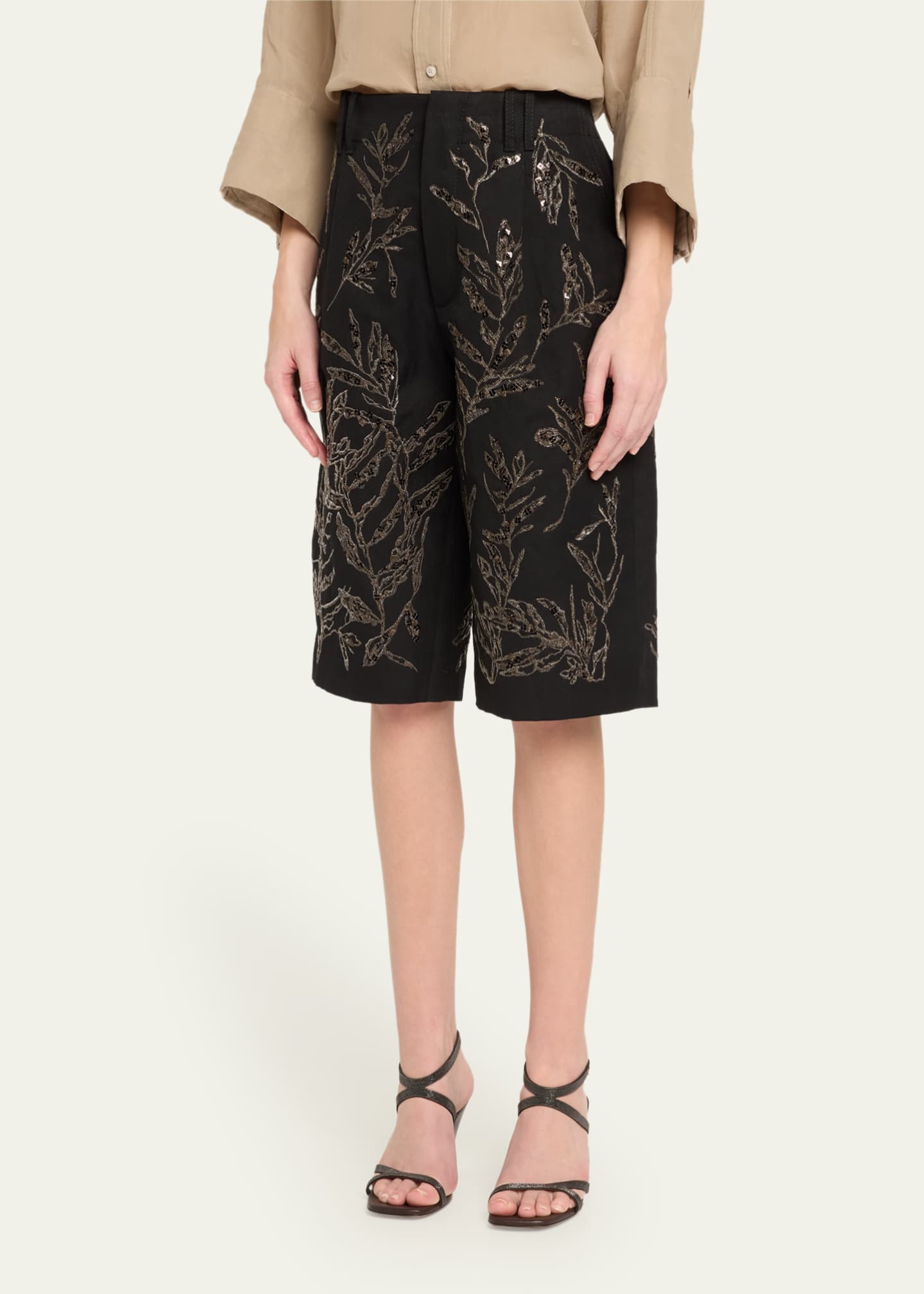 Brunello Cucinelli Structured Canvas Herbarium Sequined Shorts Image 4 of 5