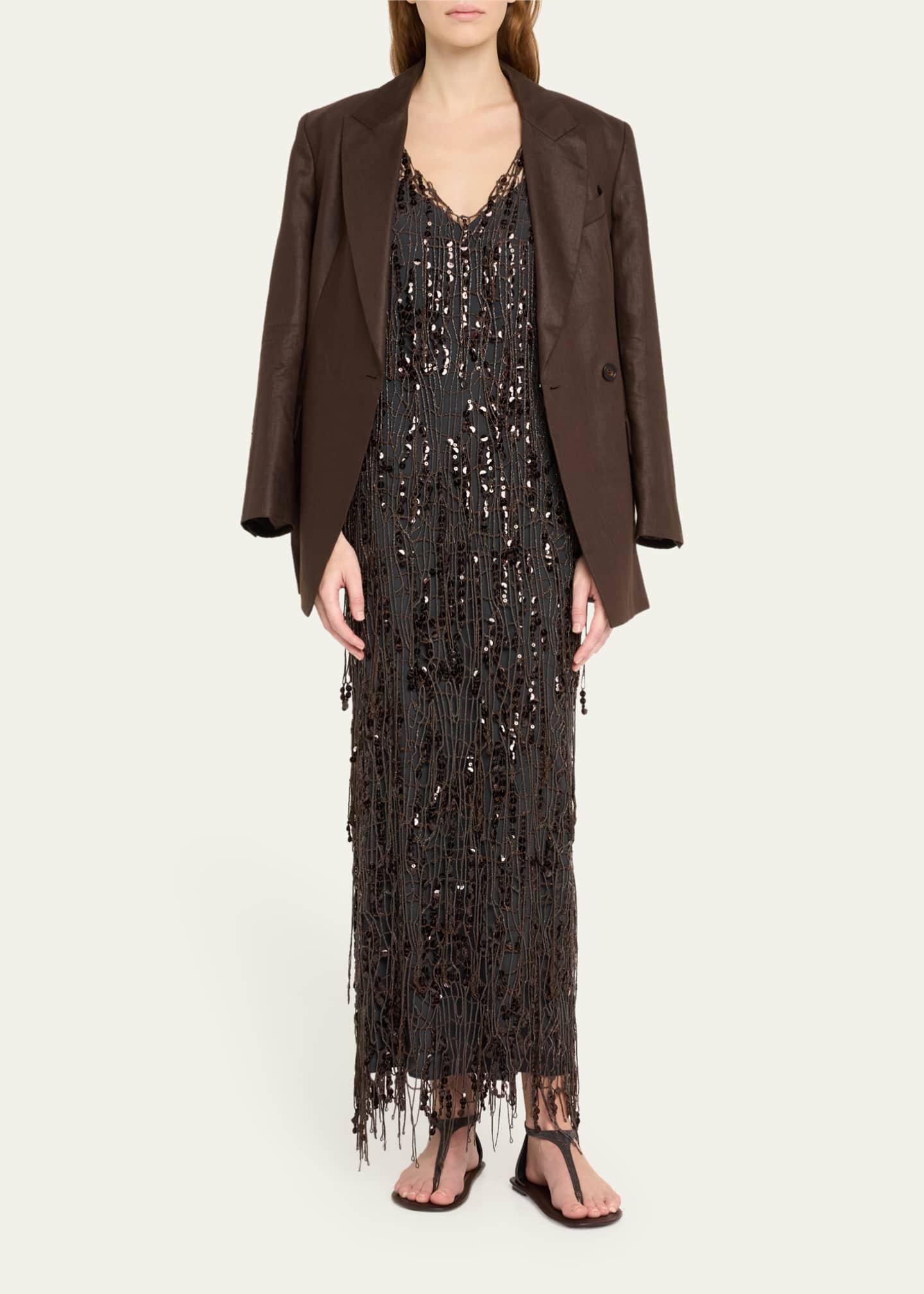 Brunello Cucinelli Sequined Net V-Neck Opera Dress Image 2 of 5