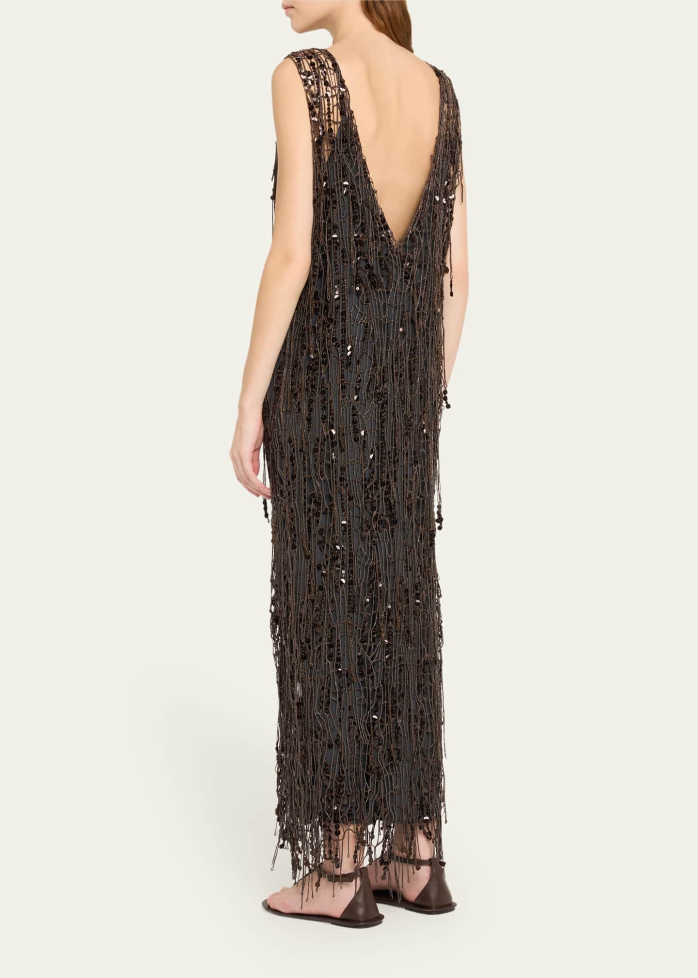 Brunello Cucinelli Sequined Net V-Neck Opera Dress Image 3 of 5