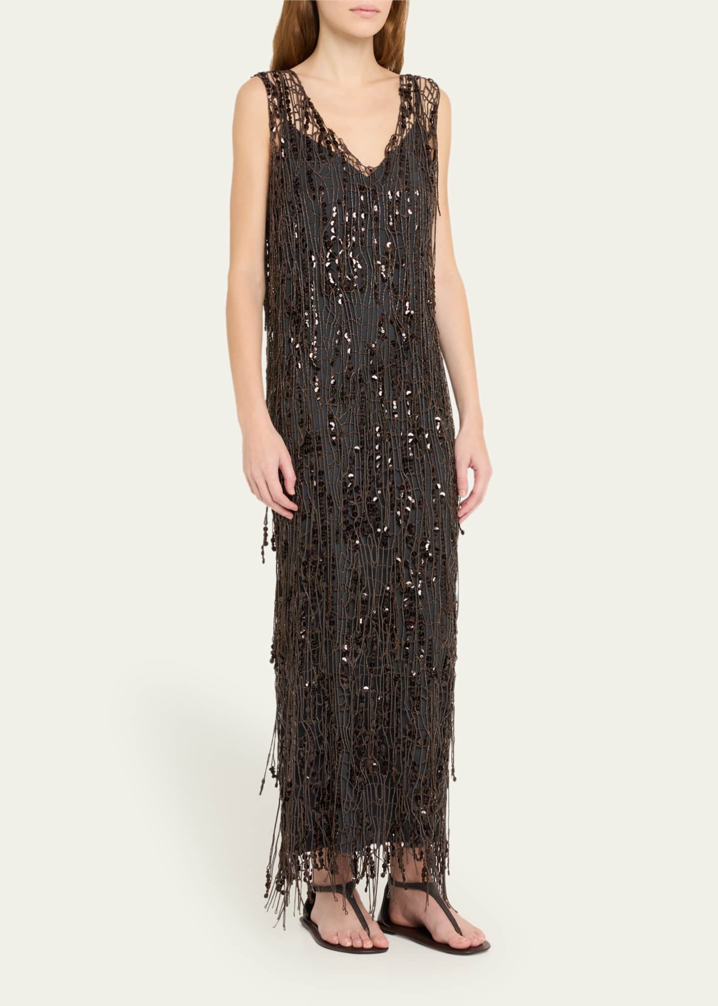 Brunello Cucinelli Sequined Net V-Neck Opera Dress Image 4 of 5