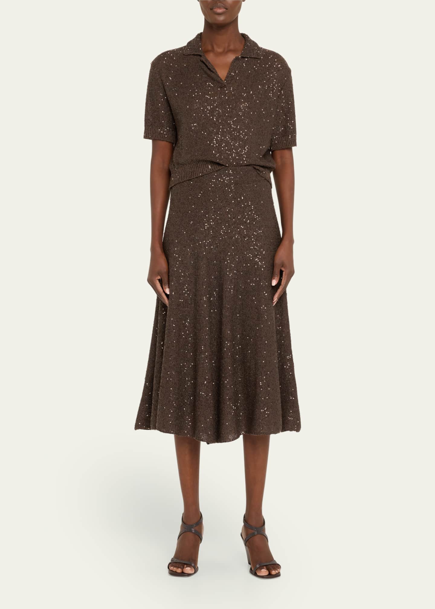 Brunello Cucinelli Sequined Cashmere Cropped Polo Sweater Image 2 of 5