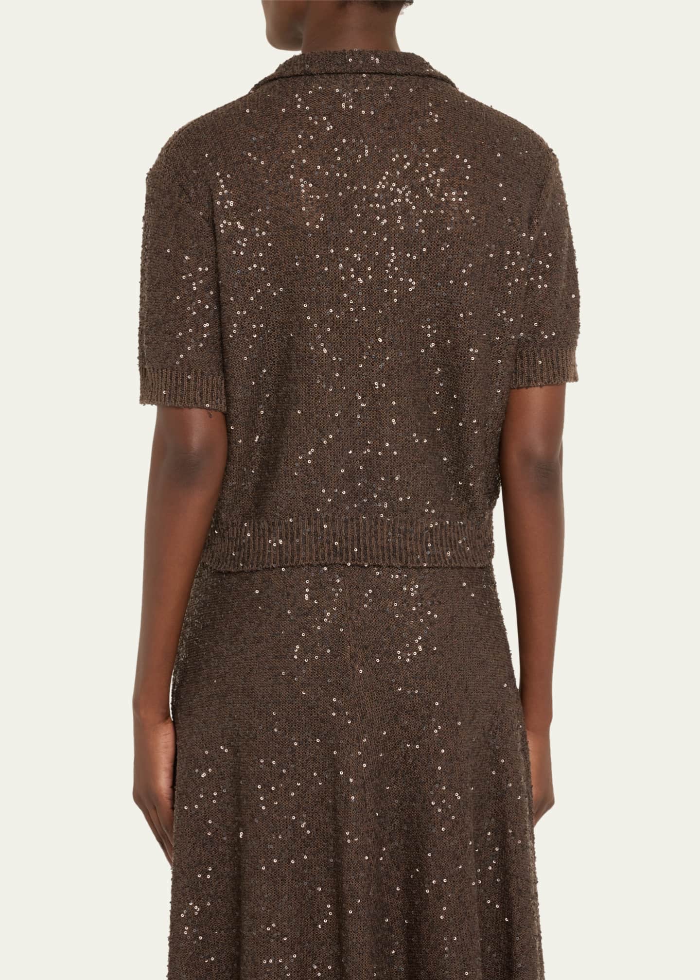 Brunello Cucinelli Sequined Cashmere Cropped Polo Sweater Image 3 of 5