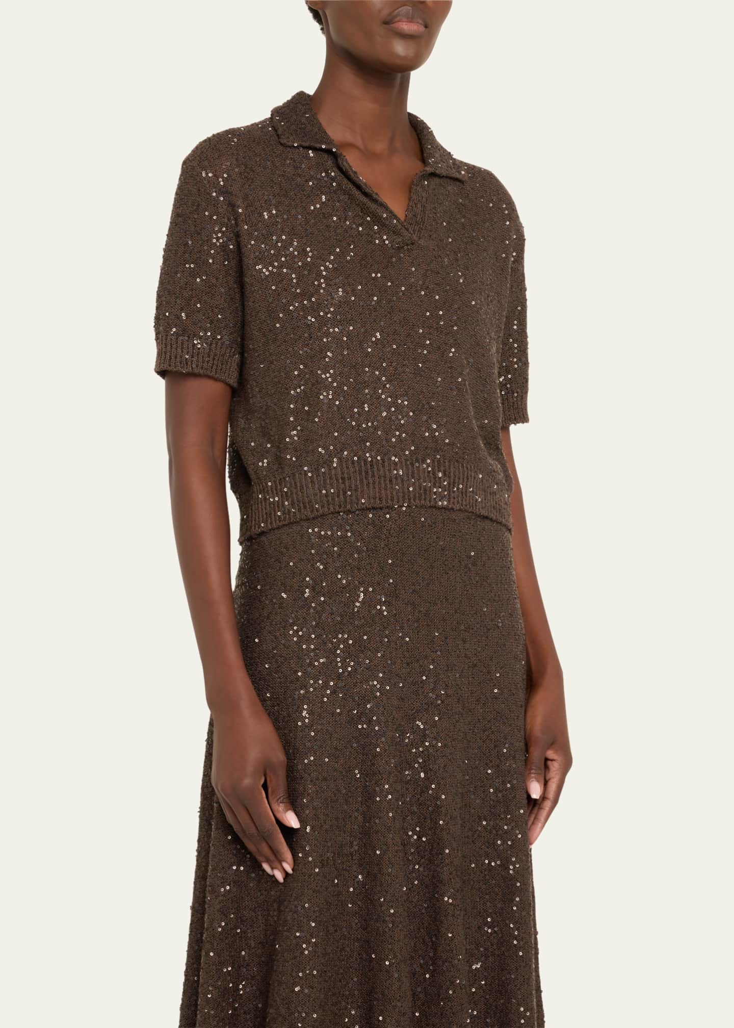 Brunello Cucinelli Sequined Cashmere Cropped Polo Sweater Image 4 of 5